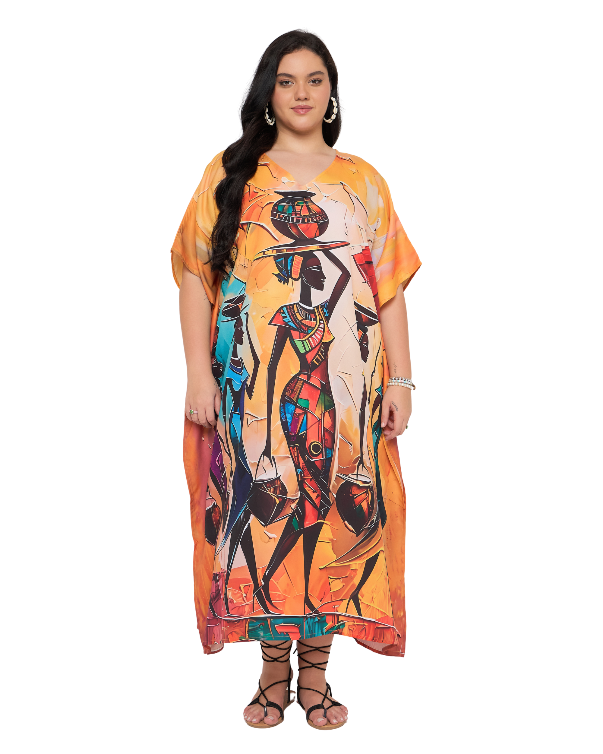 Warm Orange Tribal Polyester Women Plus Size Caftan