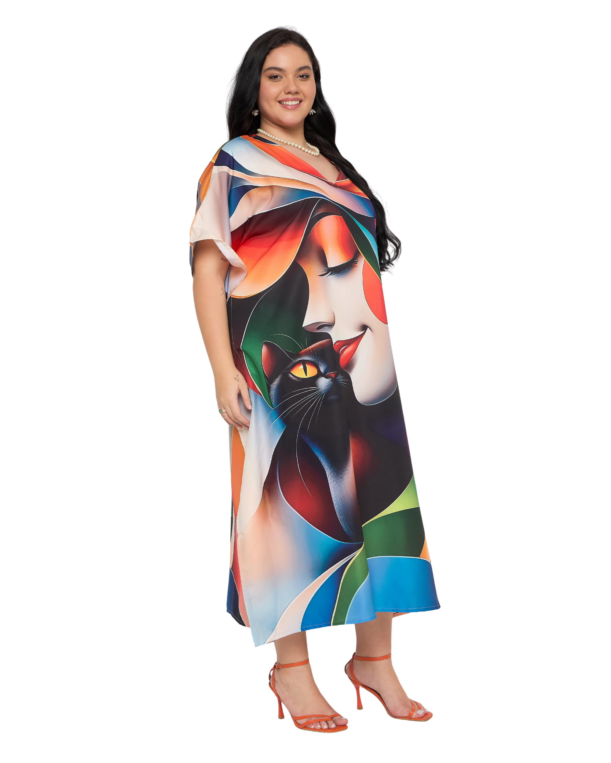 Beige Lady Face Polyester Plus Size Kaftan Dress for Women