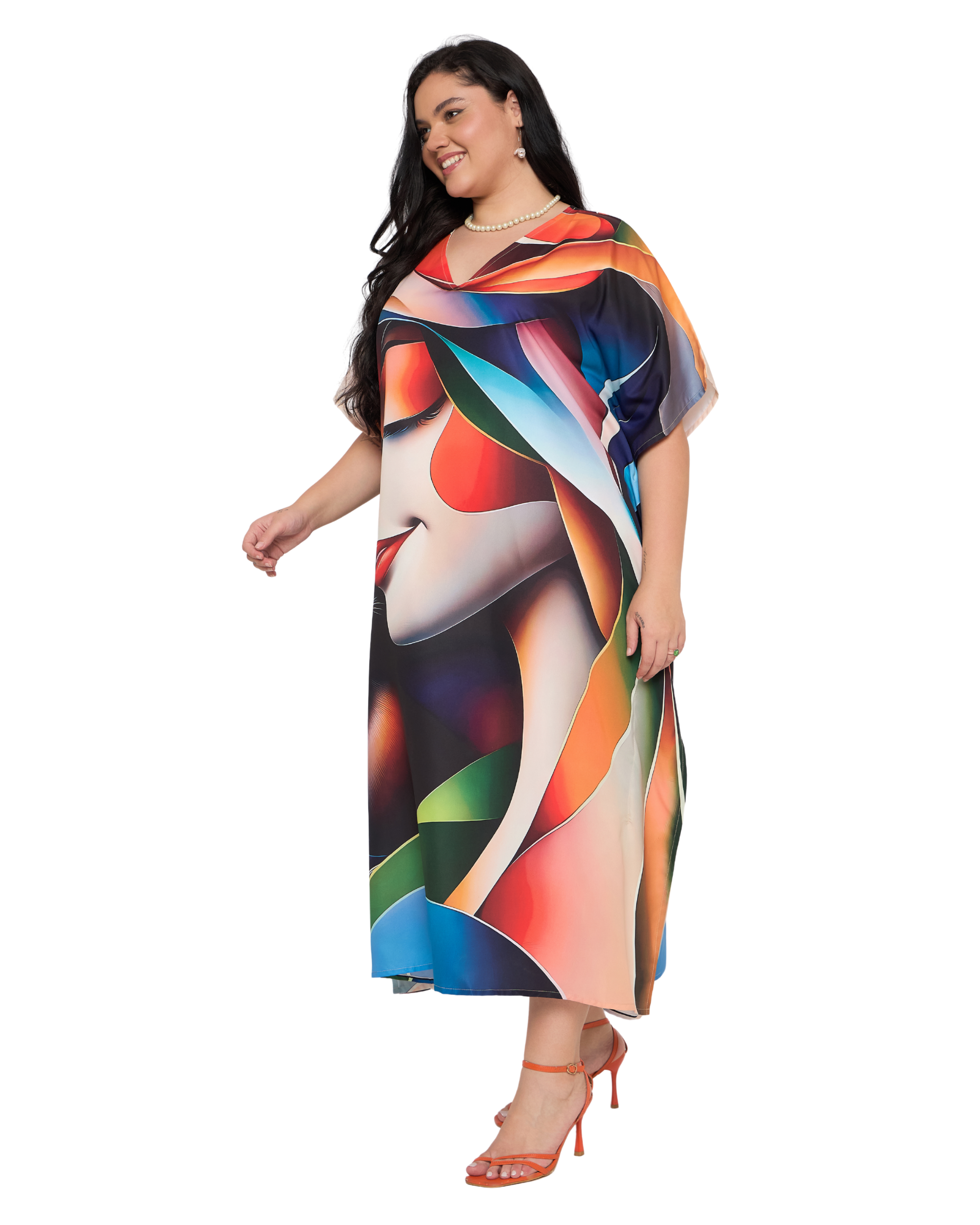 Beige Lady Face Polyester Plus Size Kaftan Dress for Women