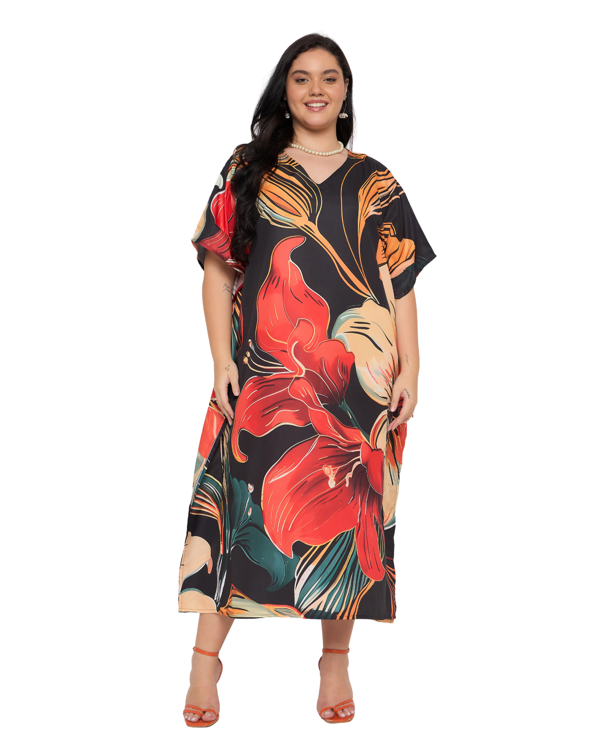 Black Floral Polyester Plus Size Caftan Dress for Women
