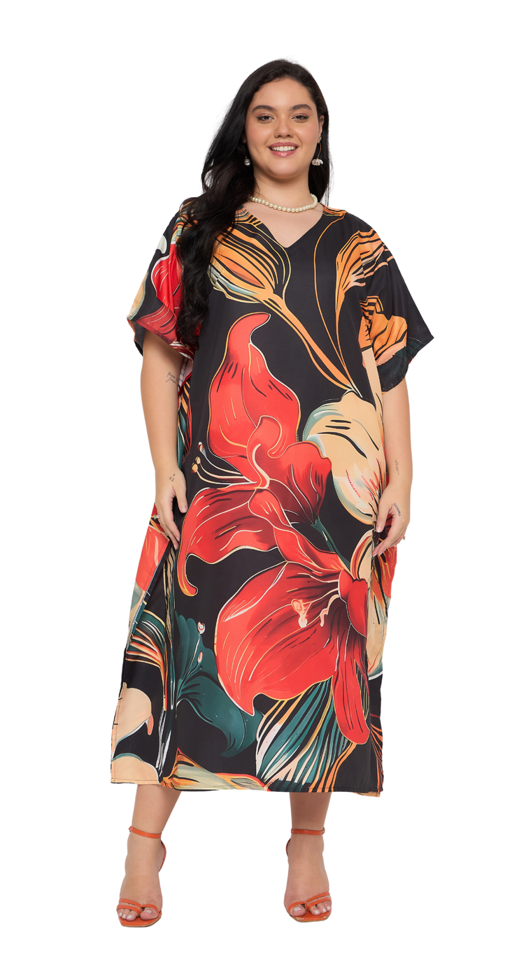 Black plus size kaftan with red lily floral print and kimono sleeves