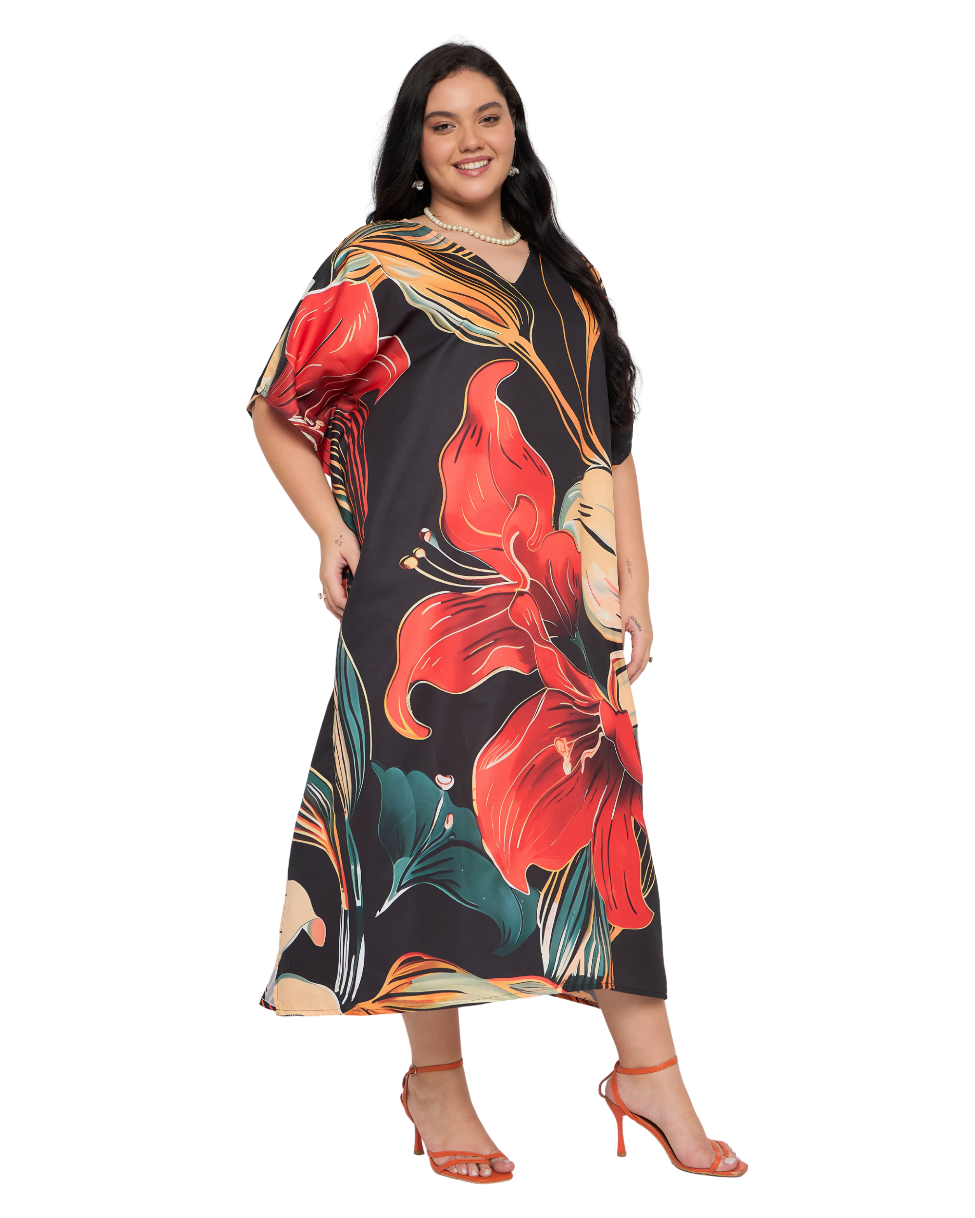 Black Floral Polyester Plus Size Caftan Dress for Women