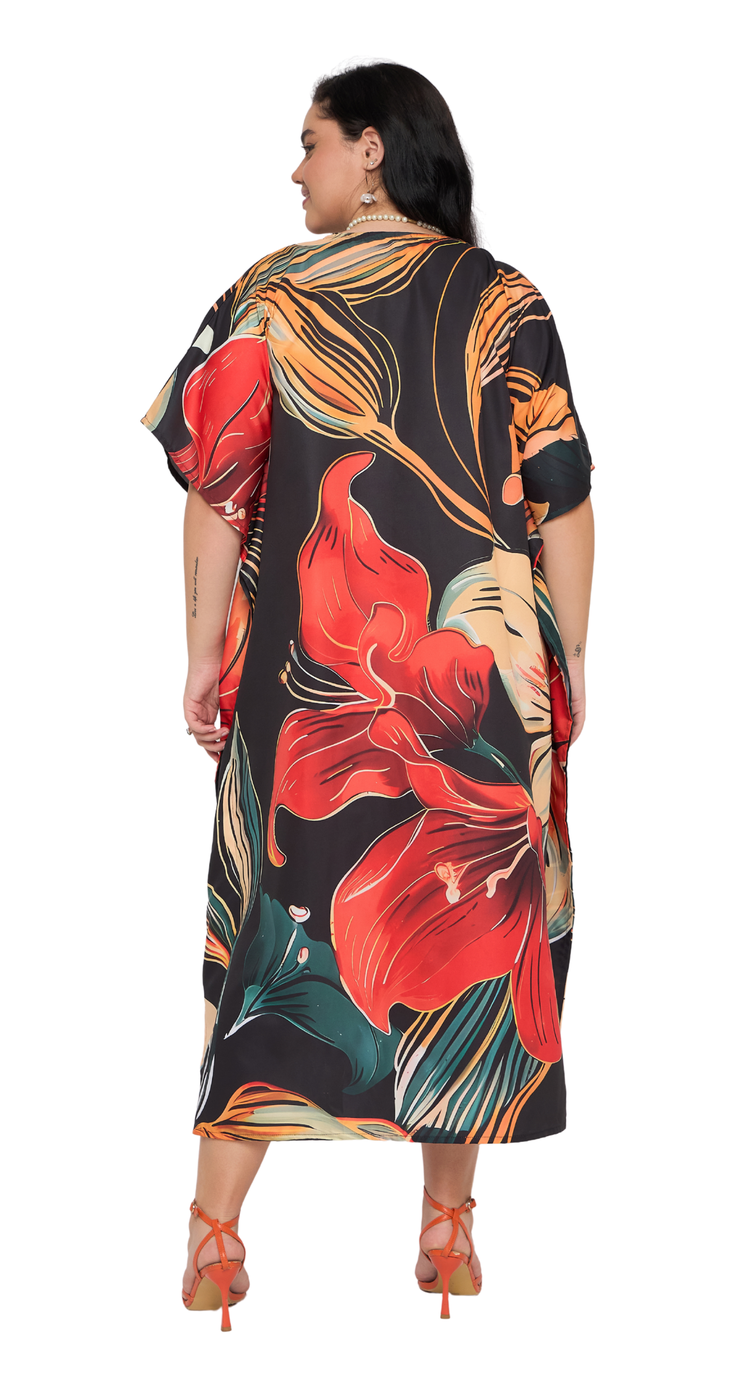 Black plus size kaftan with red lily floral print and kimono sleeves — further product view