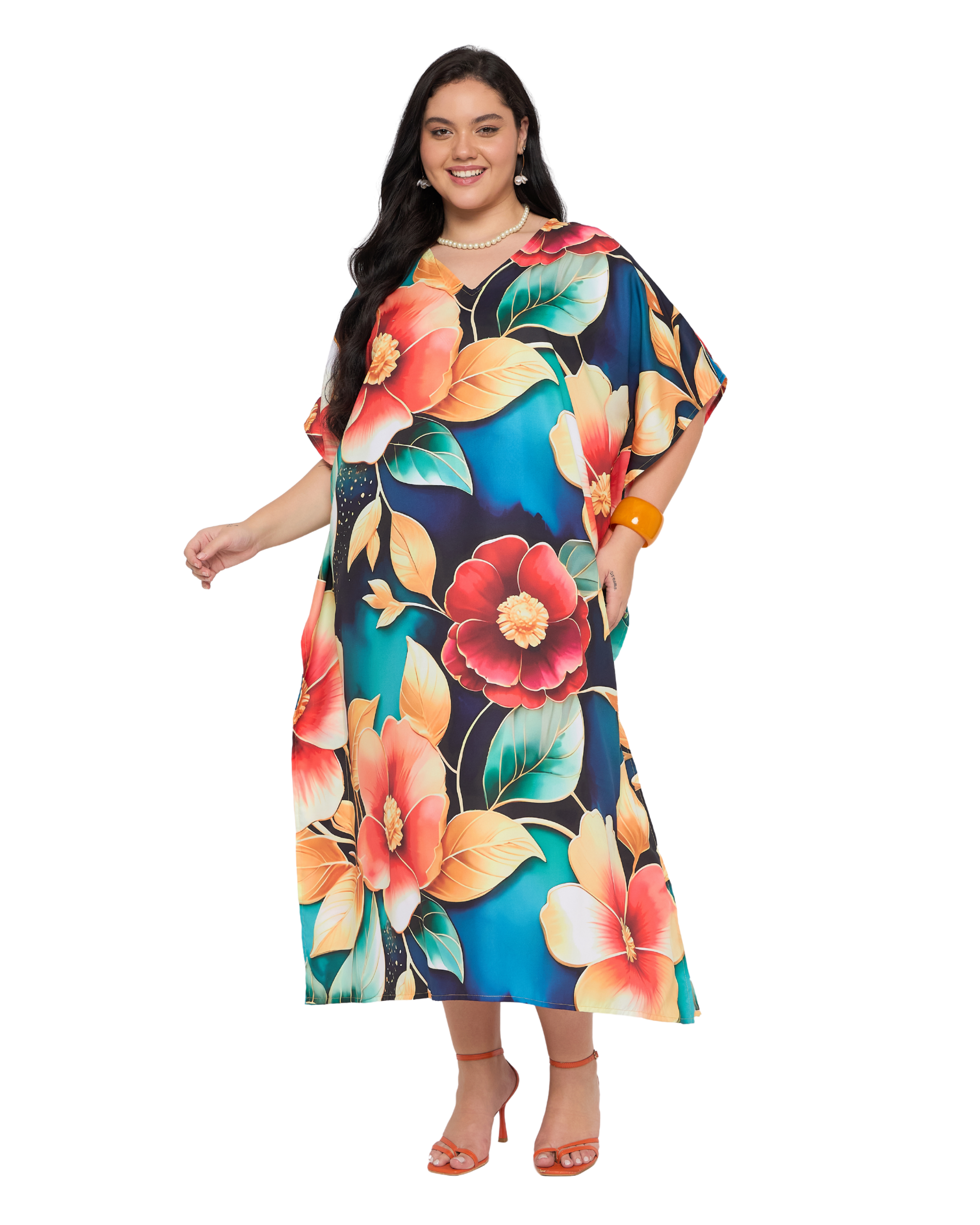 Navy Blue Floral Polyester Women Plus Size Kaftan Night Dress