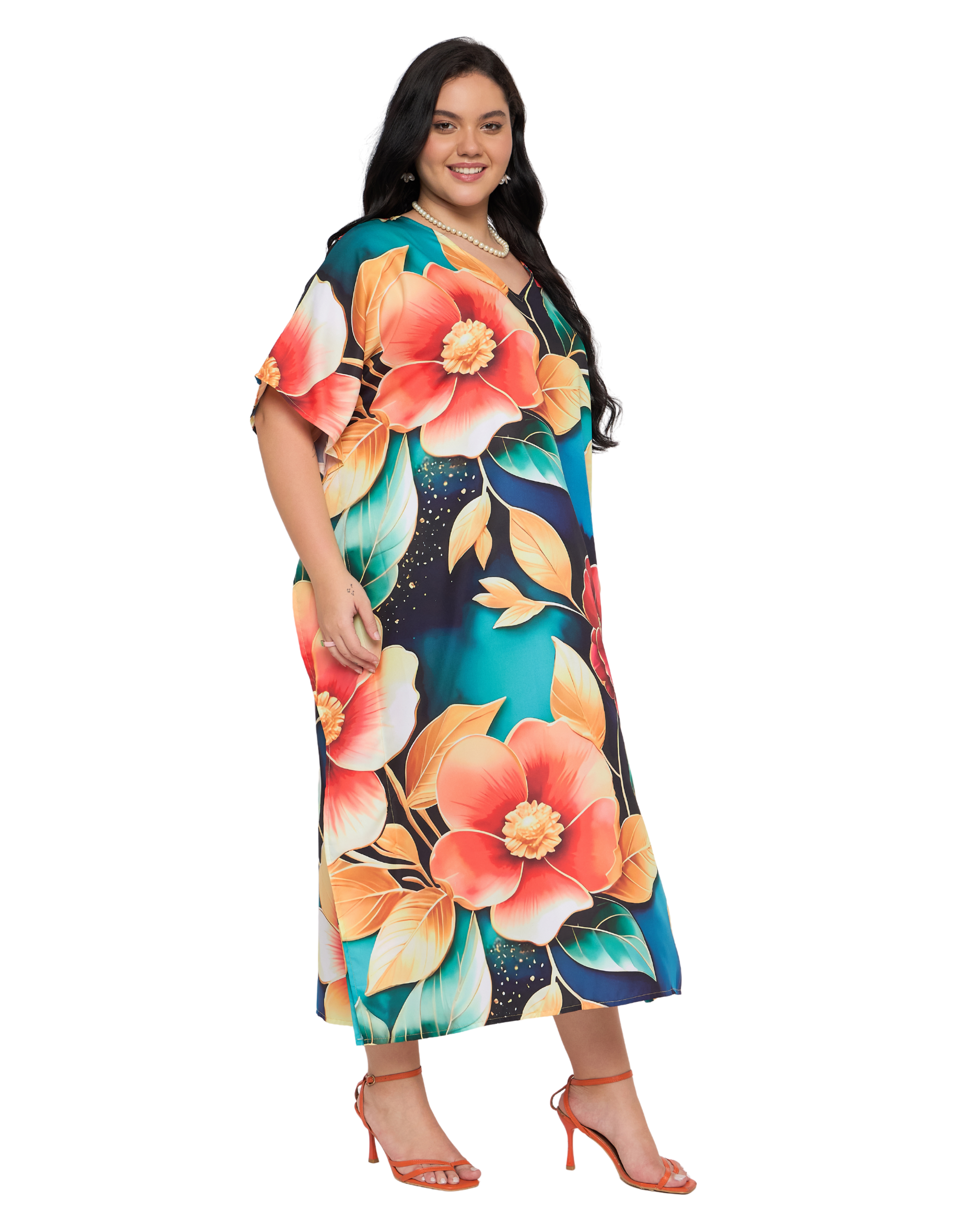 Navy Blue Floral Polyester Women Plus Size Kaftan Night Dress