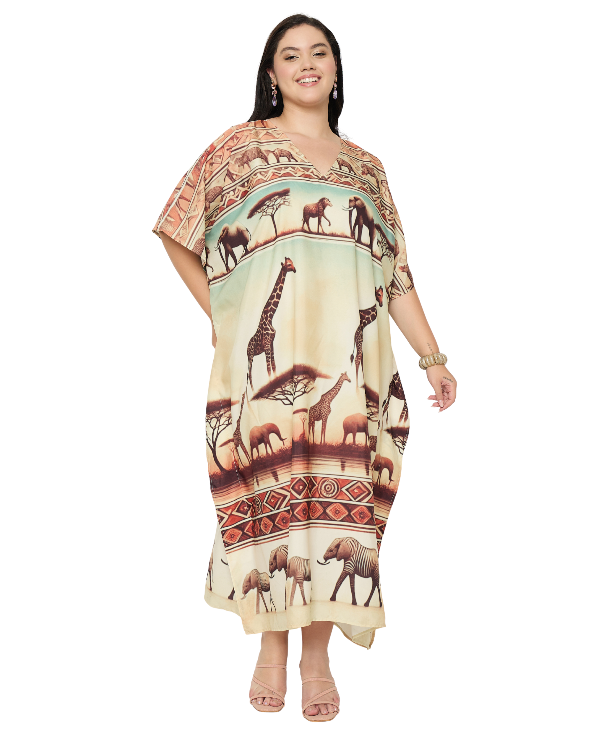 Animal Print Soft Beige Polyester Women Plus Size Kaftan Dress
