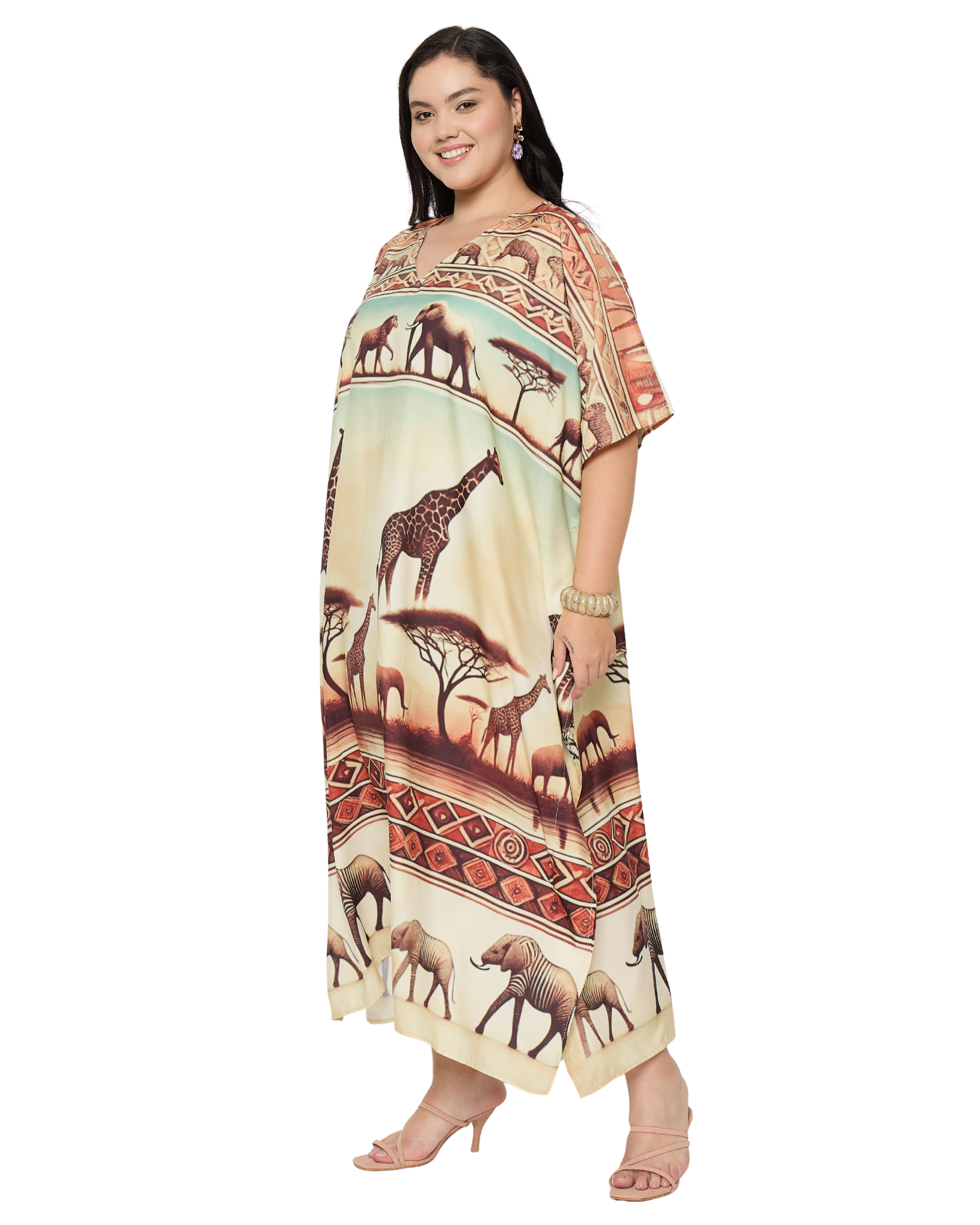 Animal Print Soft Beige Polyester Women Plus Size Kaftan Dress