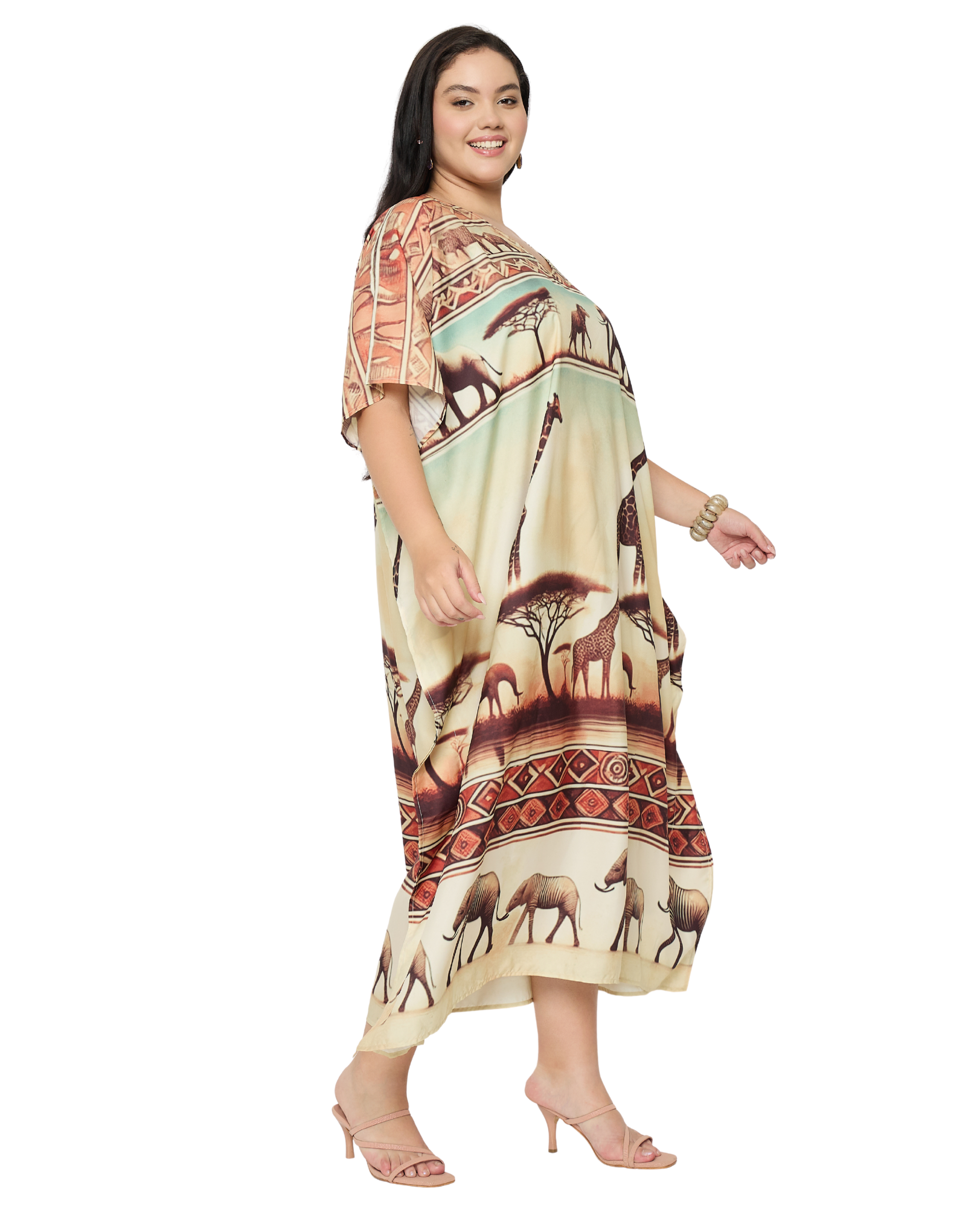 Animal Print Soft Beige Polyester Women Plus Size Kaftan Dress