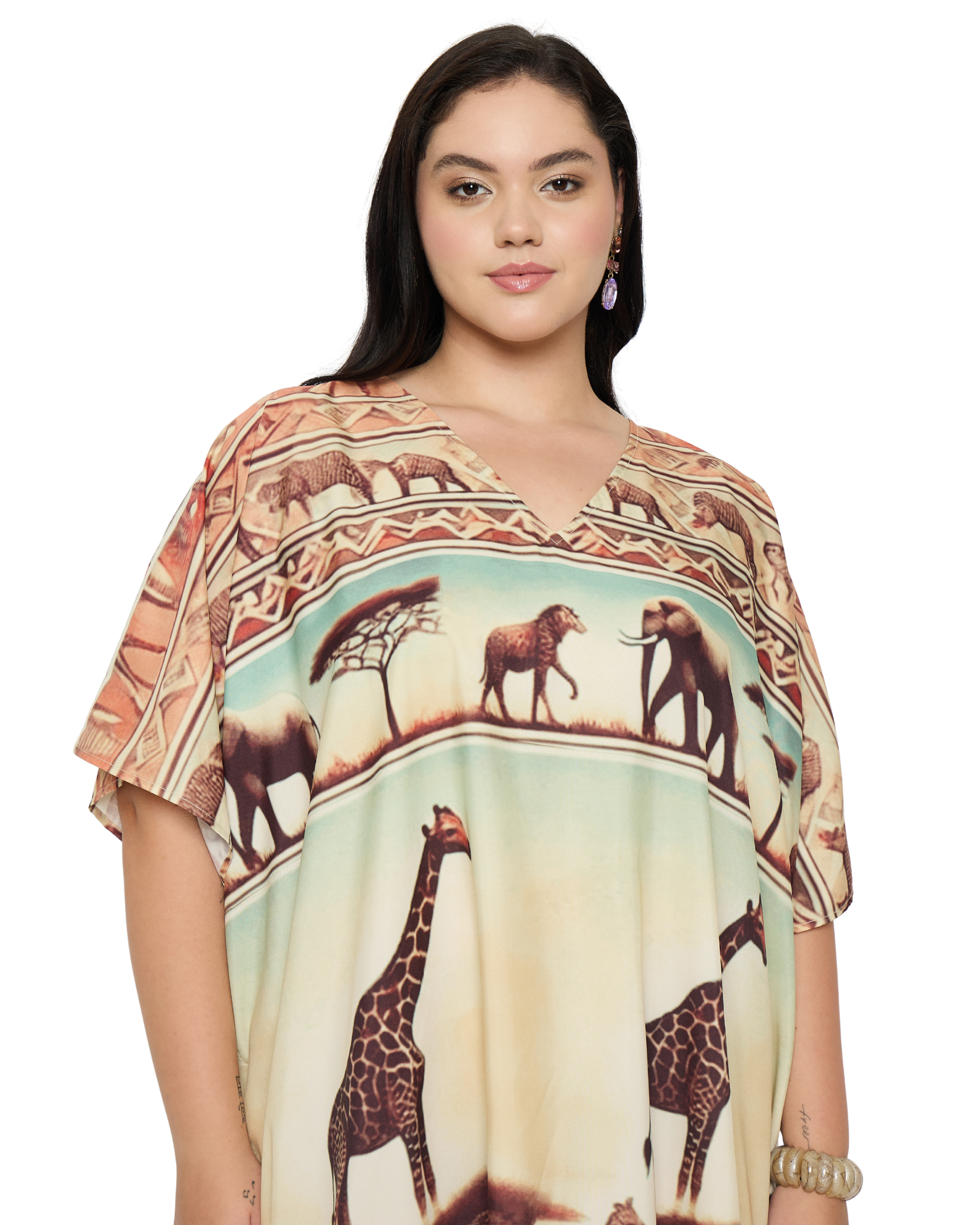 Animal Print Soft Beige Polyester Women Plus Size Kaftan Dress