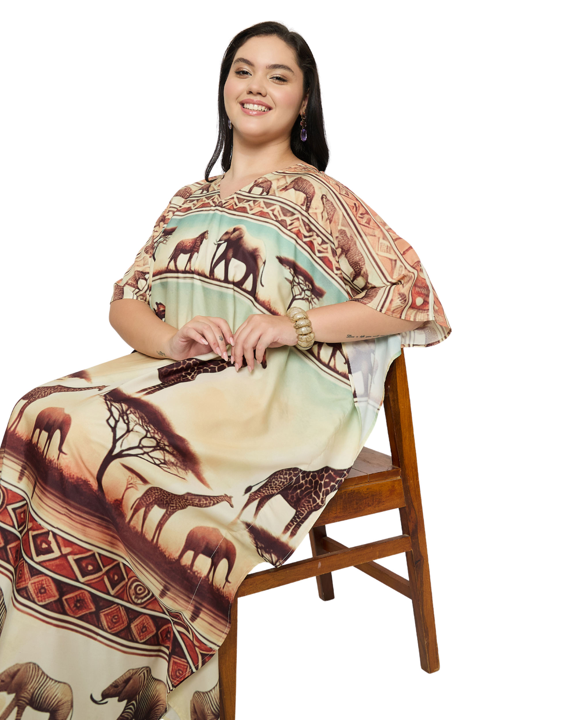 Animal Print Soft Beige Polyester Women Plus Size Kaftan Dress