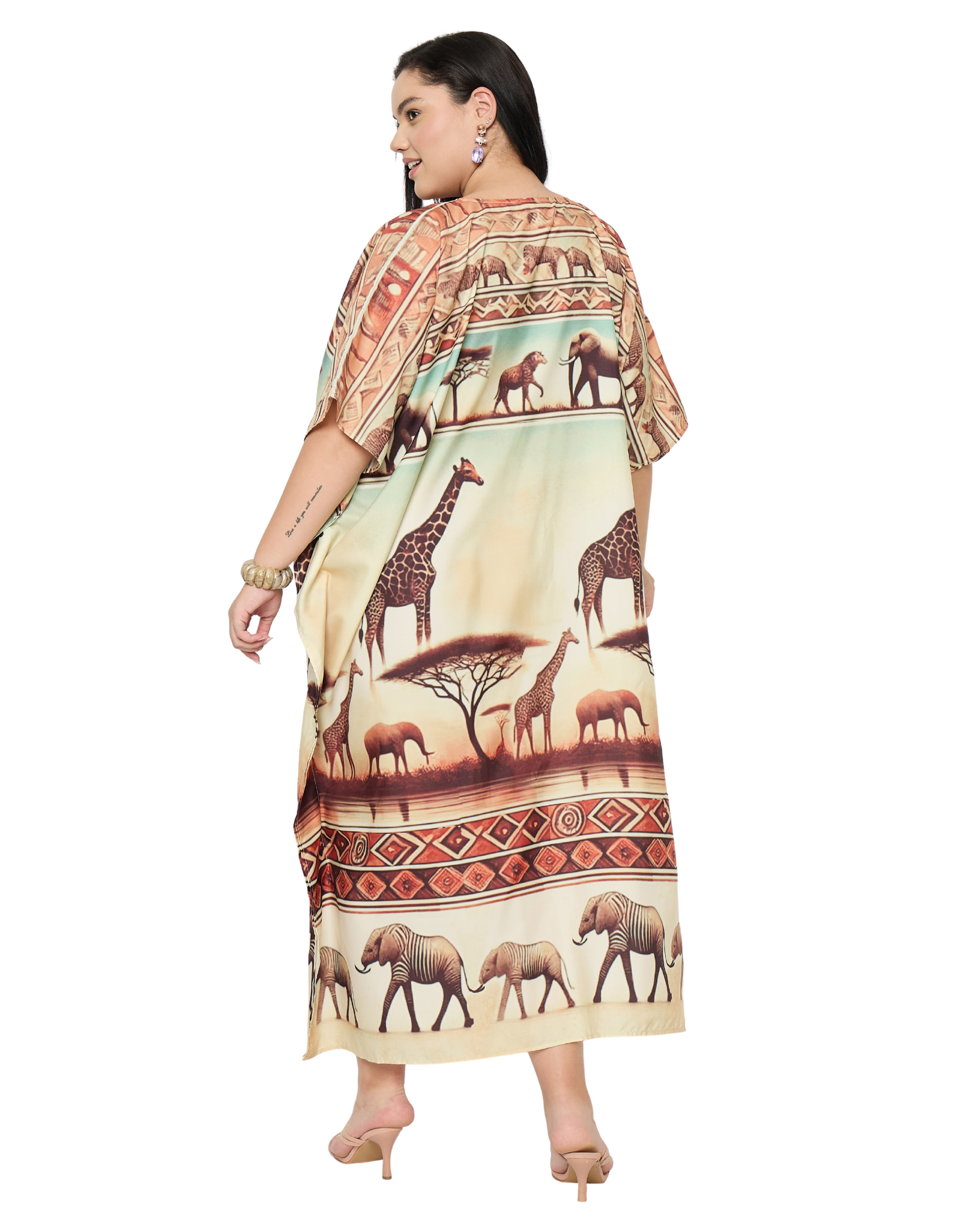 Animal Print Soft Beige Polyester Women Plus Size Kaftan Dress