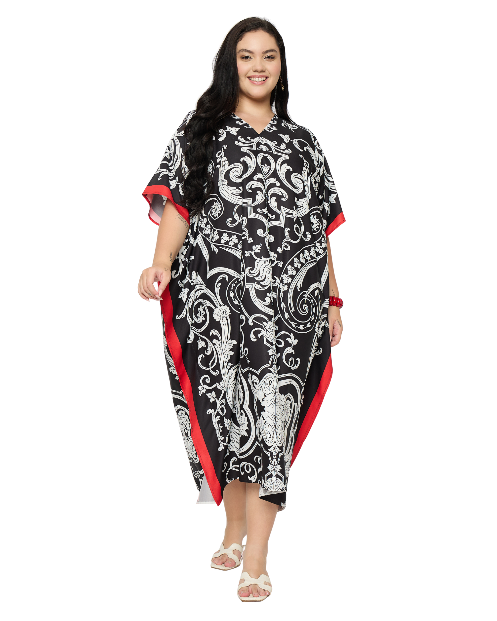 Black Baroque Print Polyester Women Plus Size Kaftan