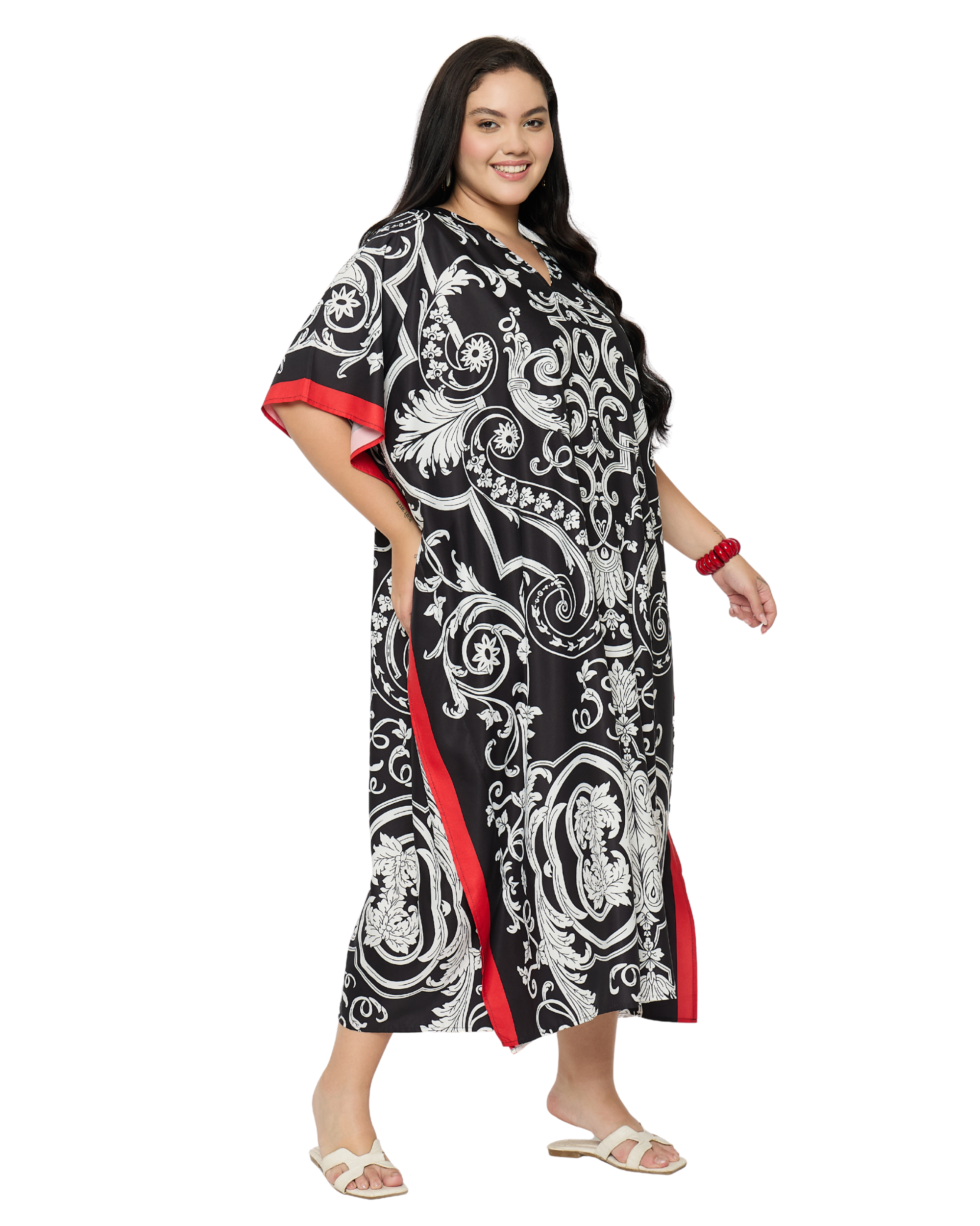 Black Baroque Print Polyester Women Plus Size Kaftan