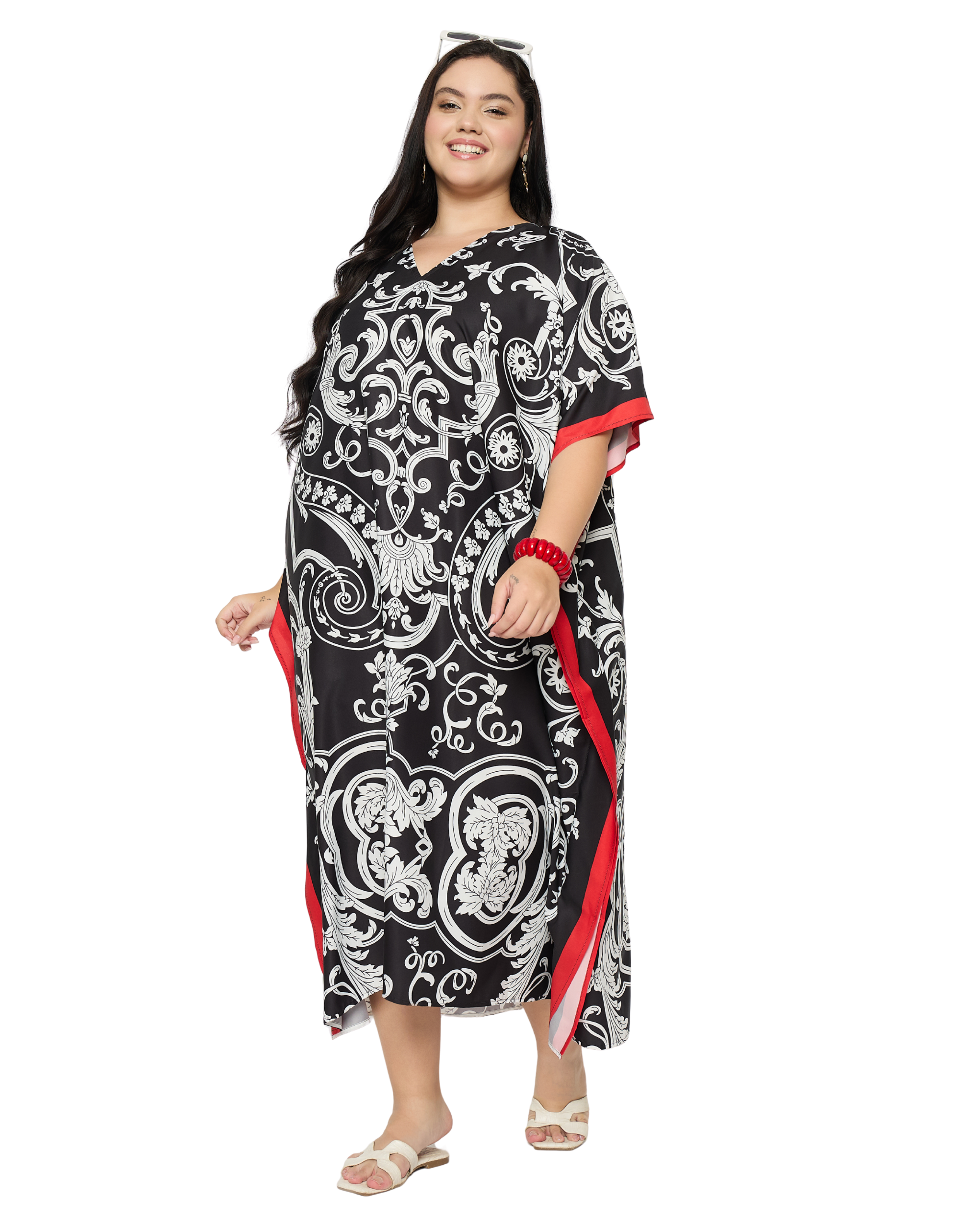 Black Baroque Print Polyester Women Plus Size Kaftan