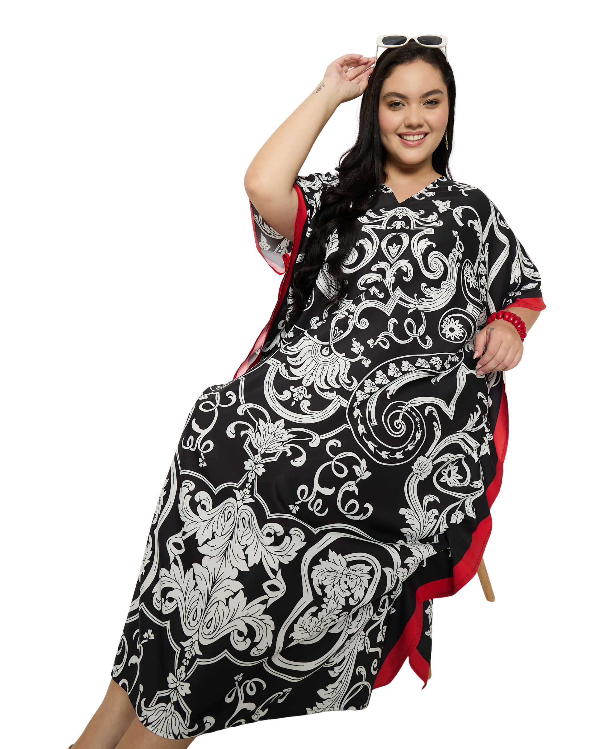 Black Baroque Print Polyester Women Plus Size Kaftan