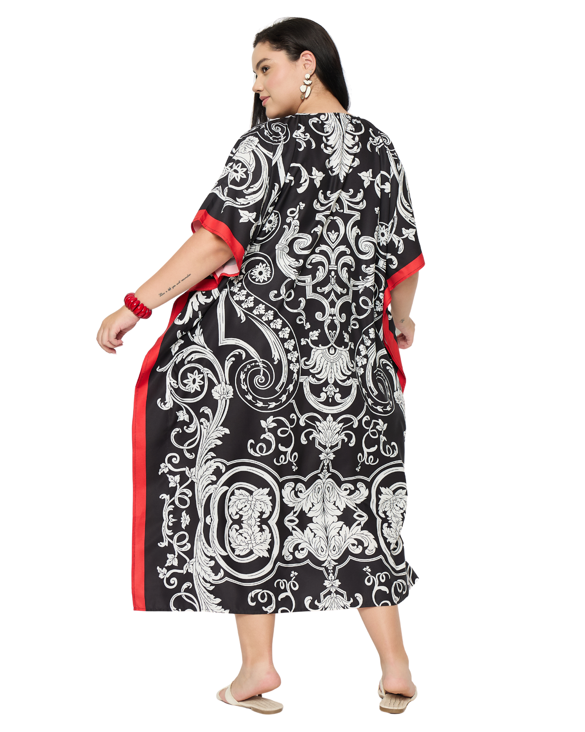 Black Baroque Print Polyester Women Plus Size Kaftan