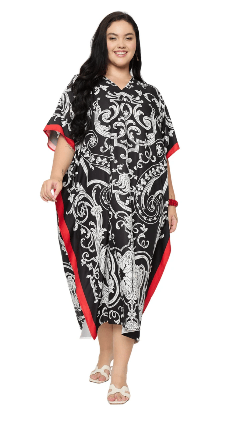 GypsieBlu Black, White & Red Polyester Plus Size Kaftan for Women Kimono Sleeve 1X-3X - Paisley Damask Scroll Print