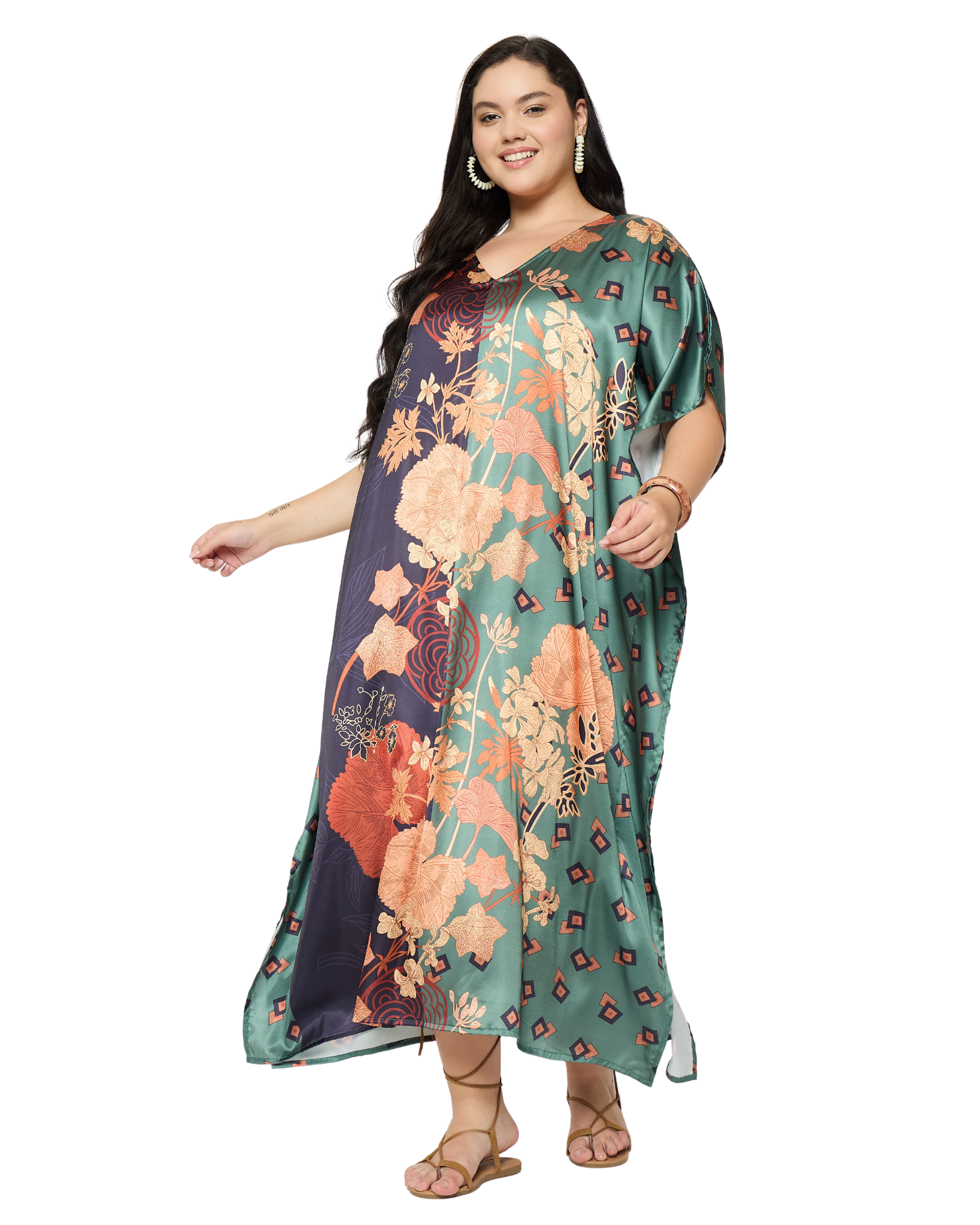 Green Floral Satin Plus Size Caftan Dress for Women