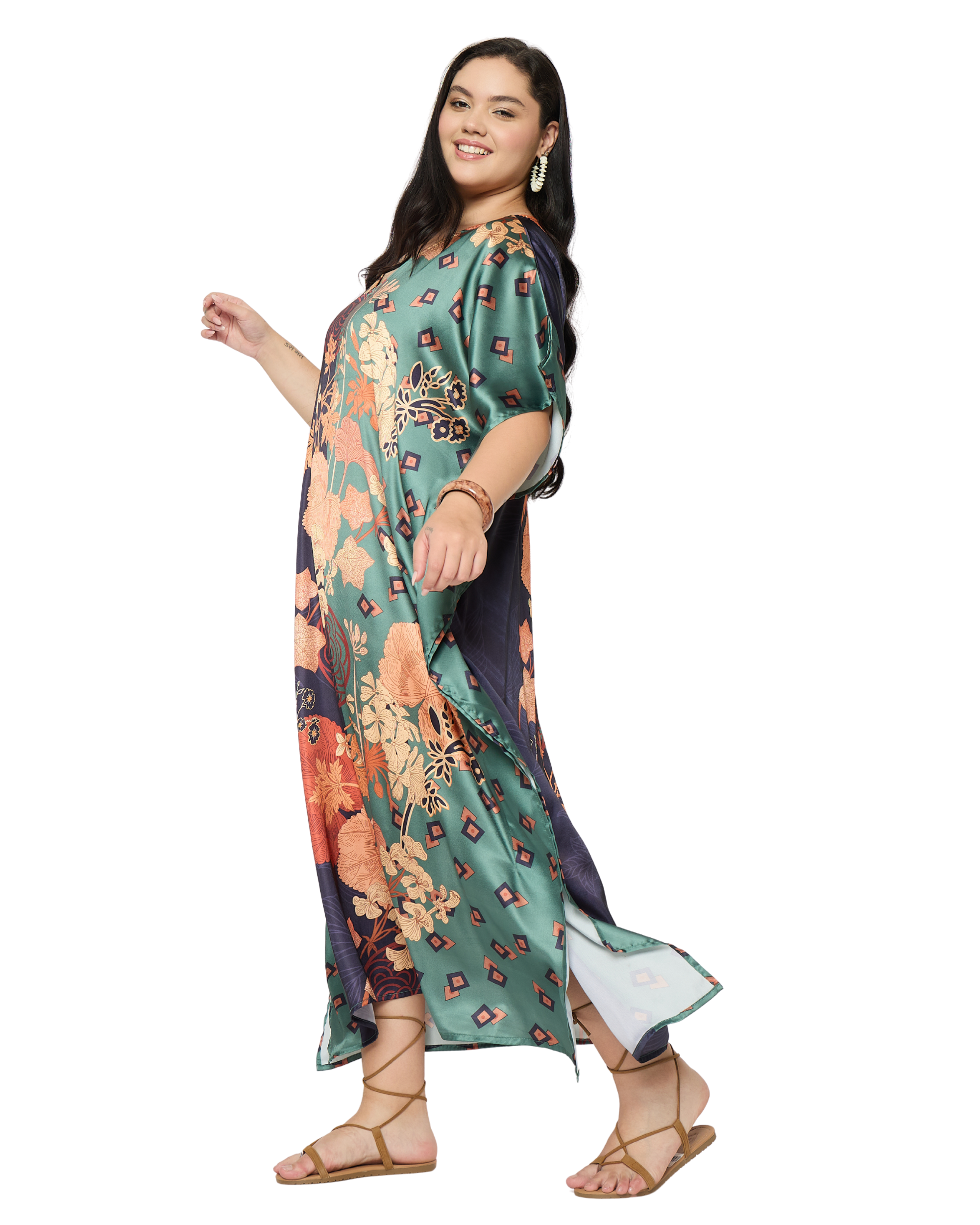 Green Floral Satin Plus Size Caftan Dress for Women
