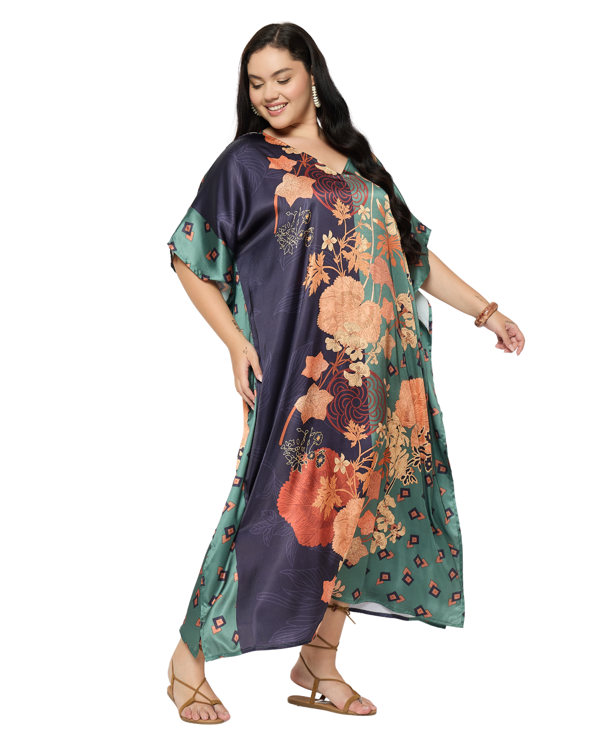 Green Floral Satin Plus Size Caftan Dress for Women
