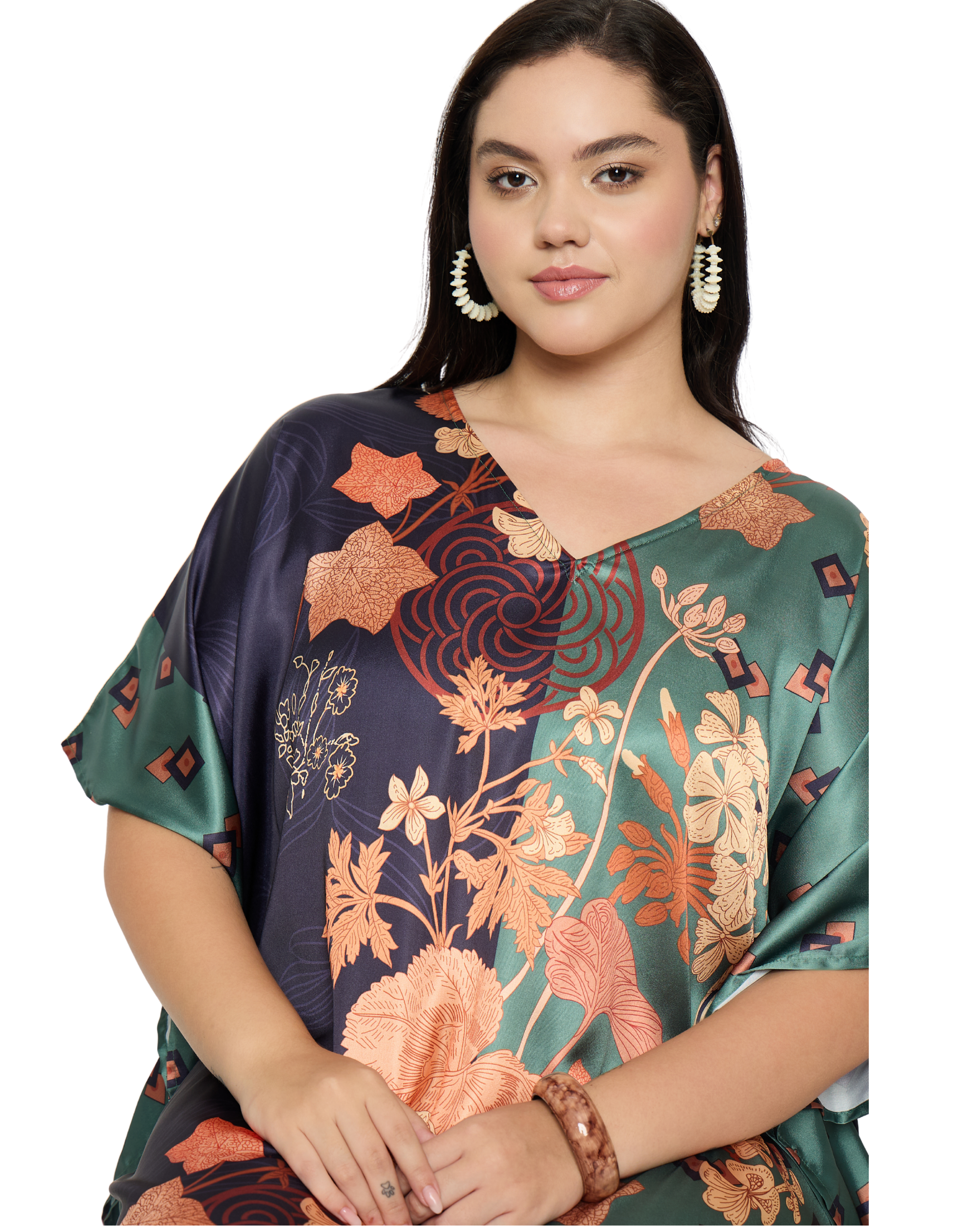 Green Floral Satin Plus Size Caftan Dress for Women
