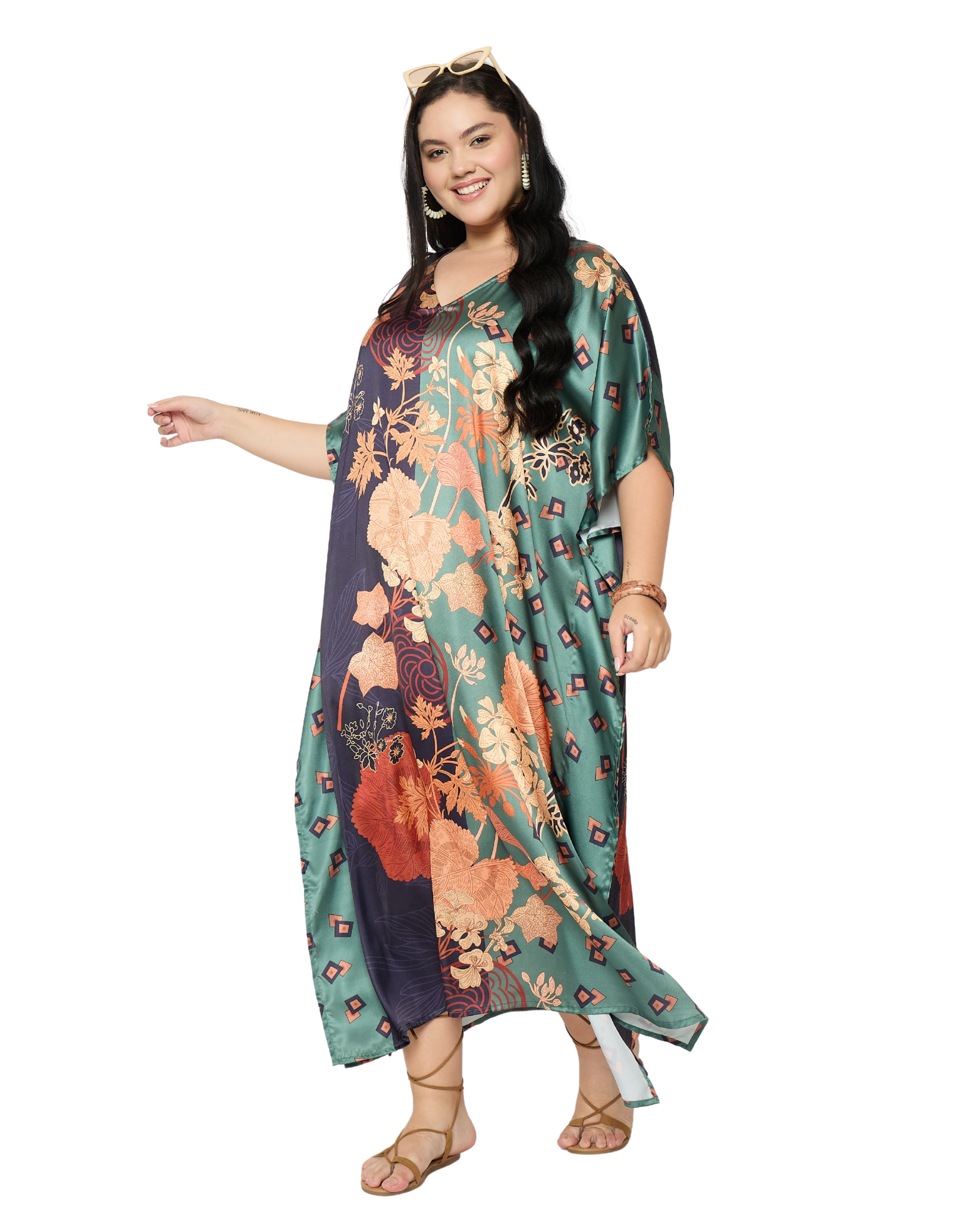 Green Floral Satin Plus Size Caftan Dress for Women