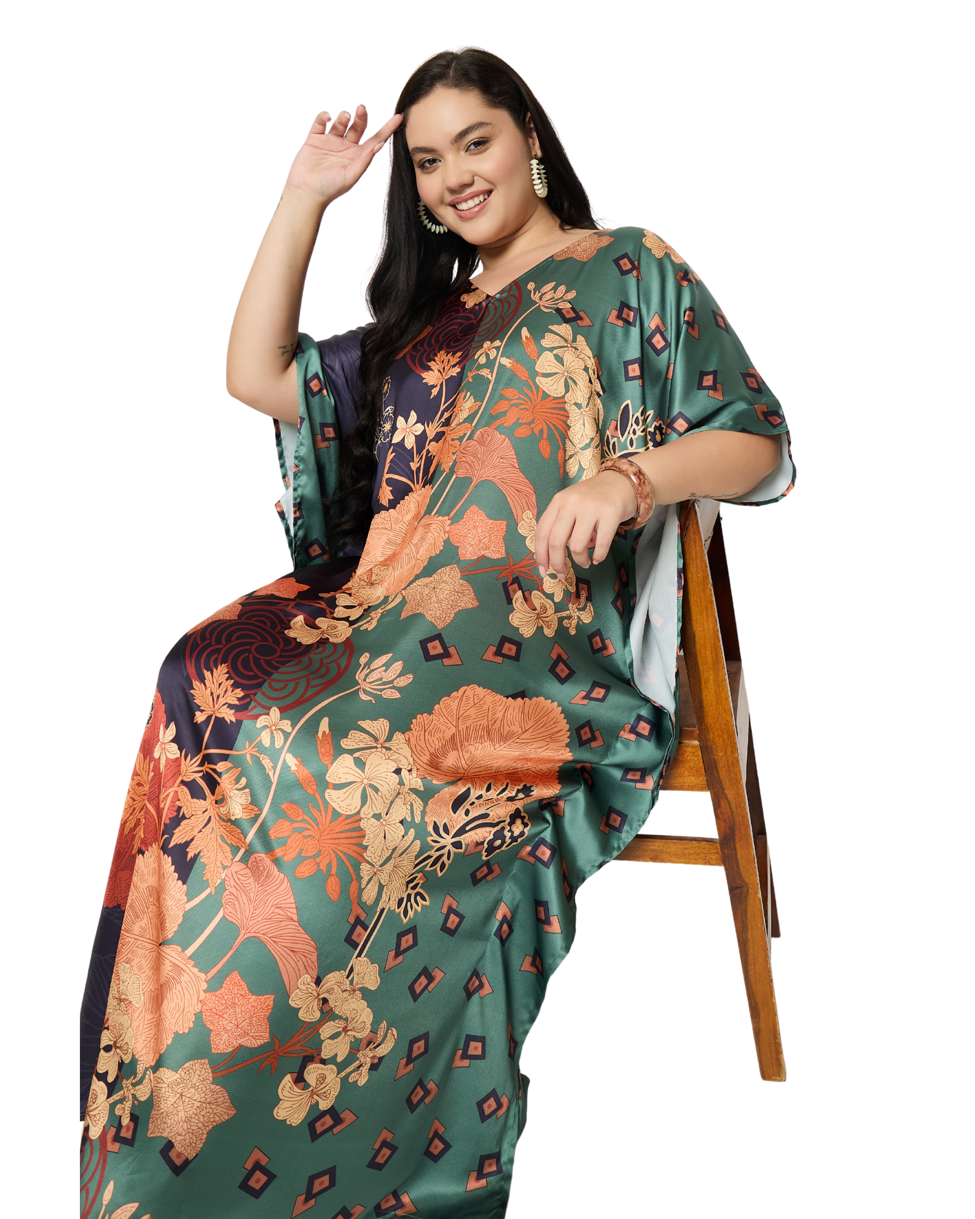 Green Floral Satin Plus Size Caftan Dress for Women