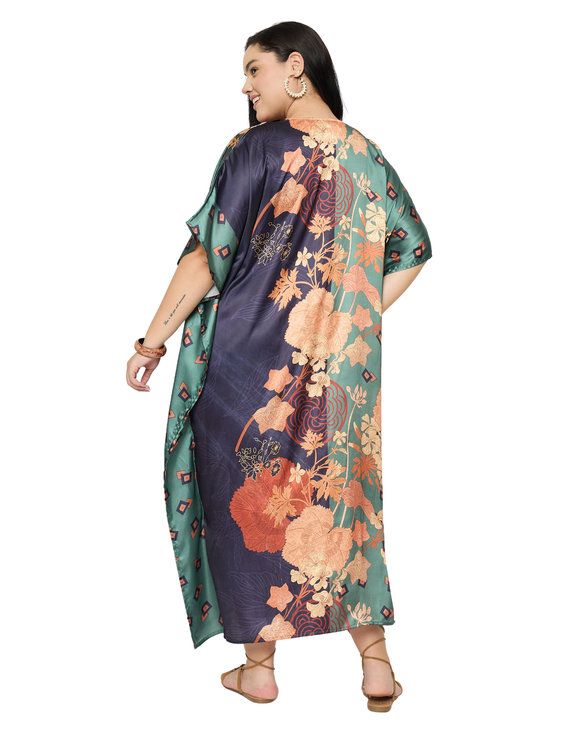 Green Floral Satin Plus Size Caftan Dress for Women