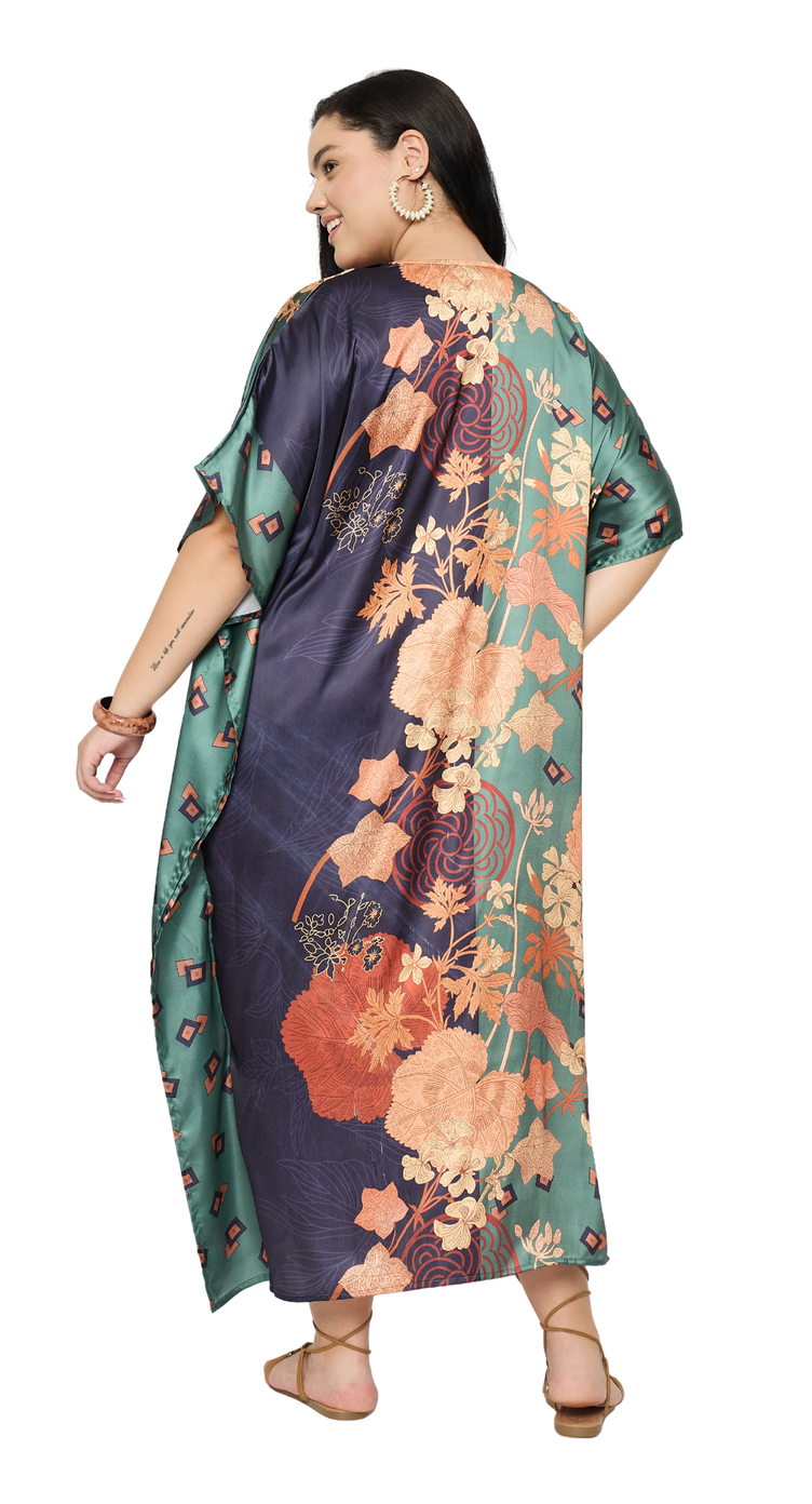 Emerald green satin plus size kaftan dress with large coral floral panel print and kimono sleeves — alternate view