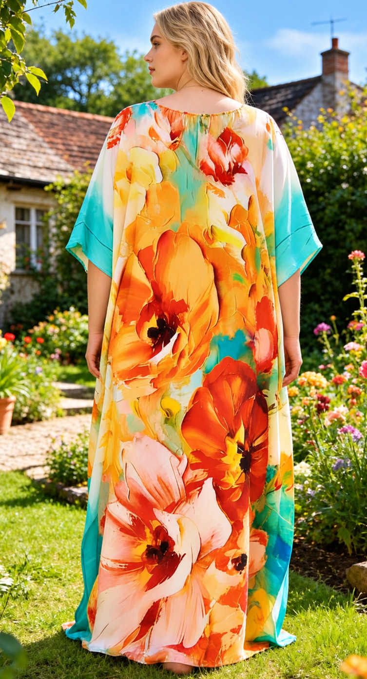 Yellow Oversized Watercolor Polyester Plus Size Kaftan for Women 1X-3X — second view