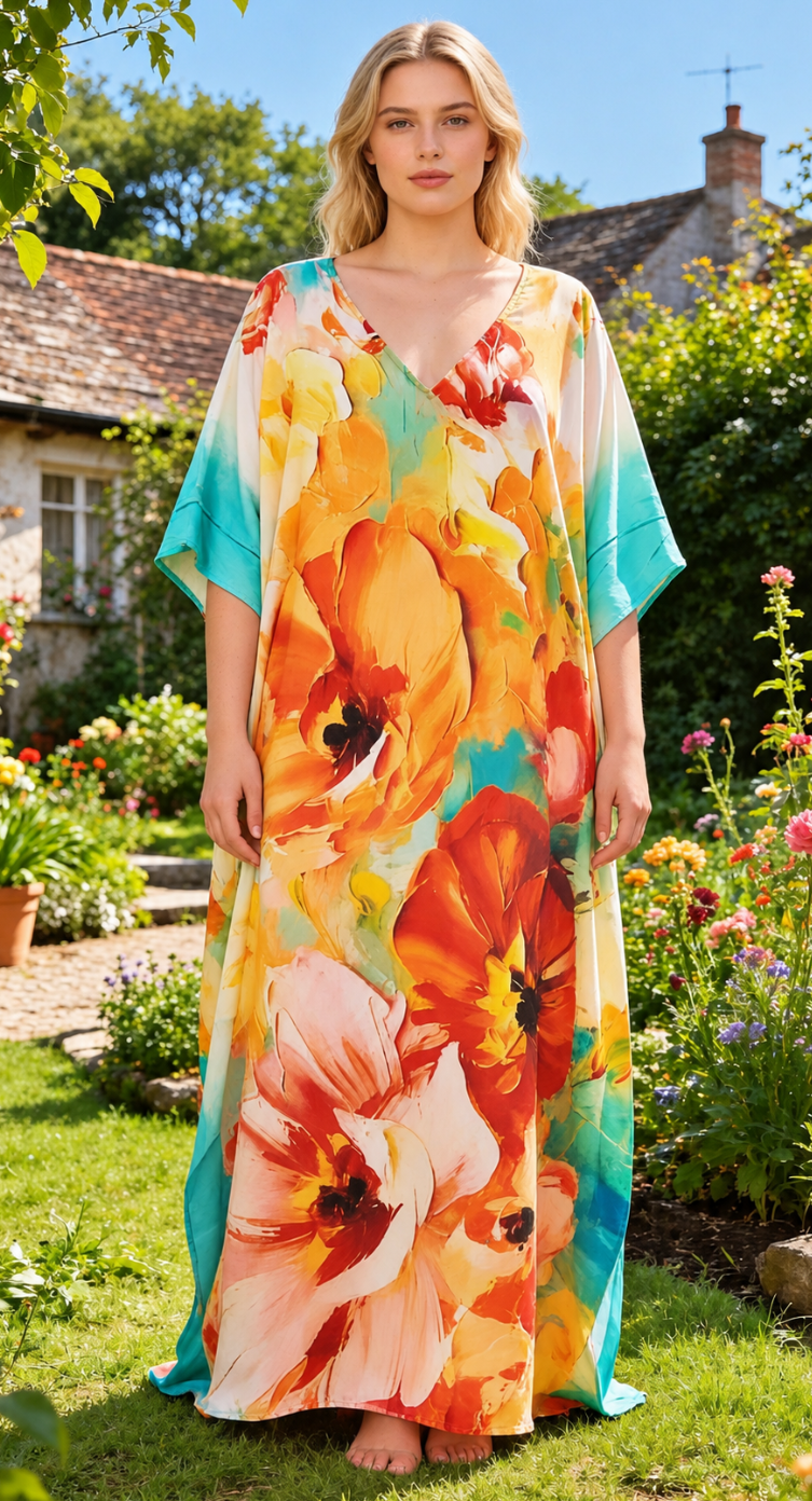 Yellow Oversized Watercolor Polyester Plus Size Kaftan for Women 1X-3X | GypsieBlu