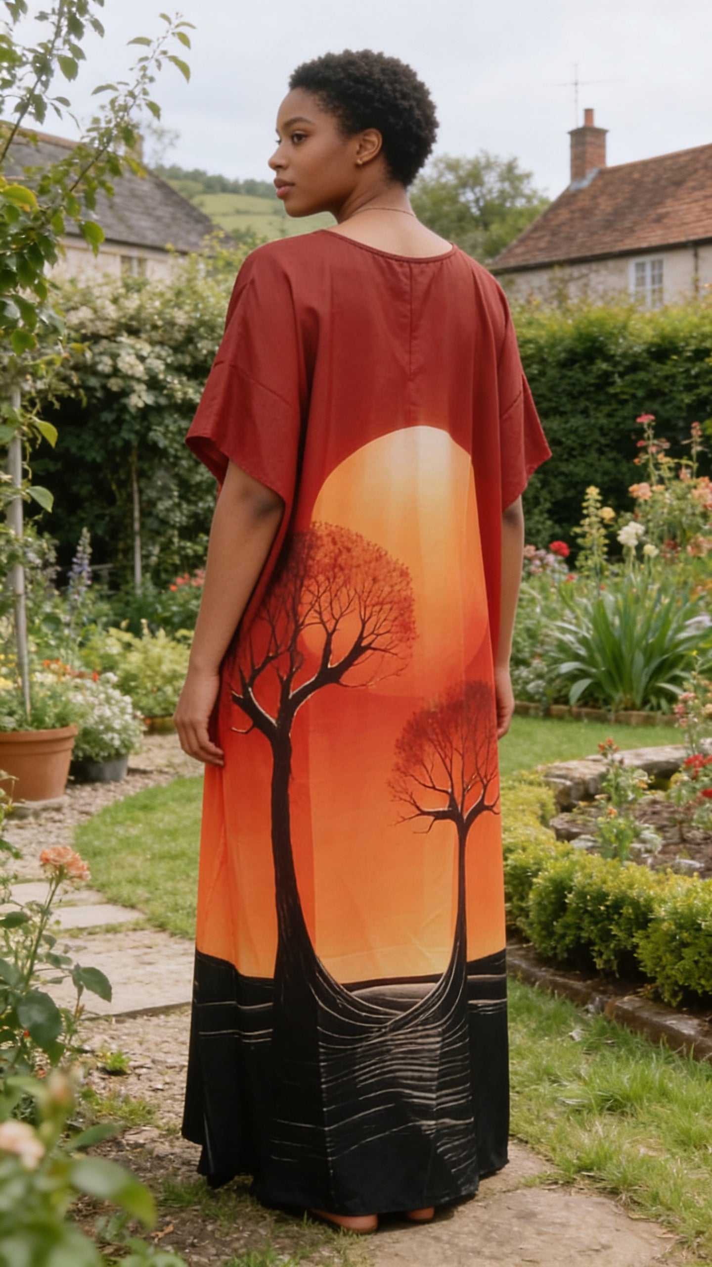 Deep Red Landscape Polyester Women Plus Size Kaftan Evening Dress