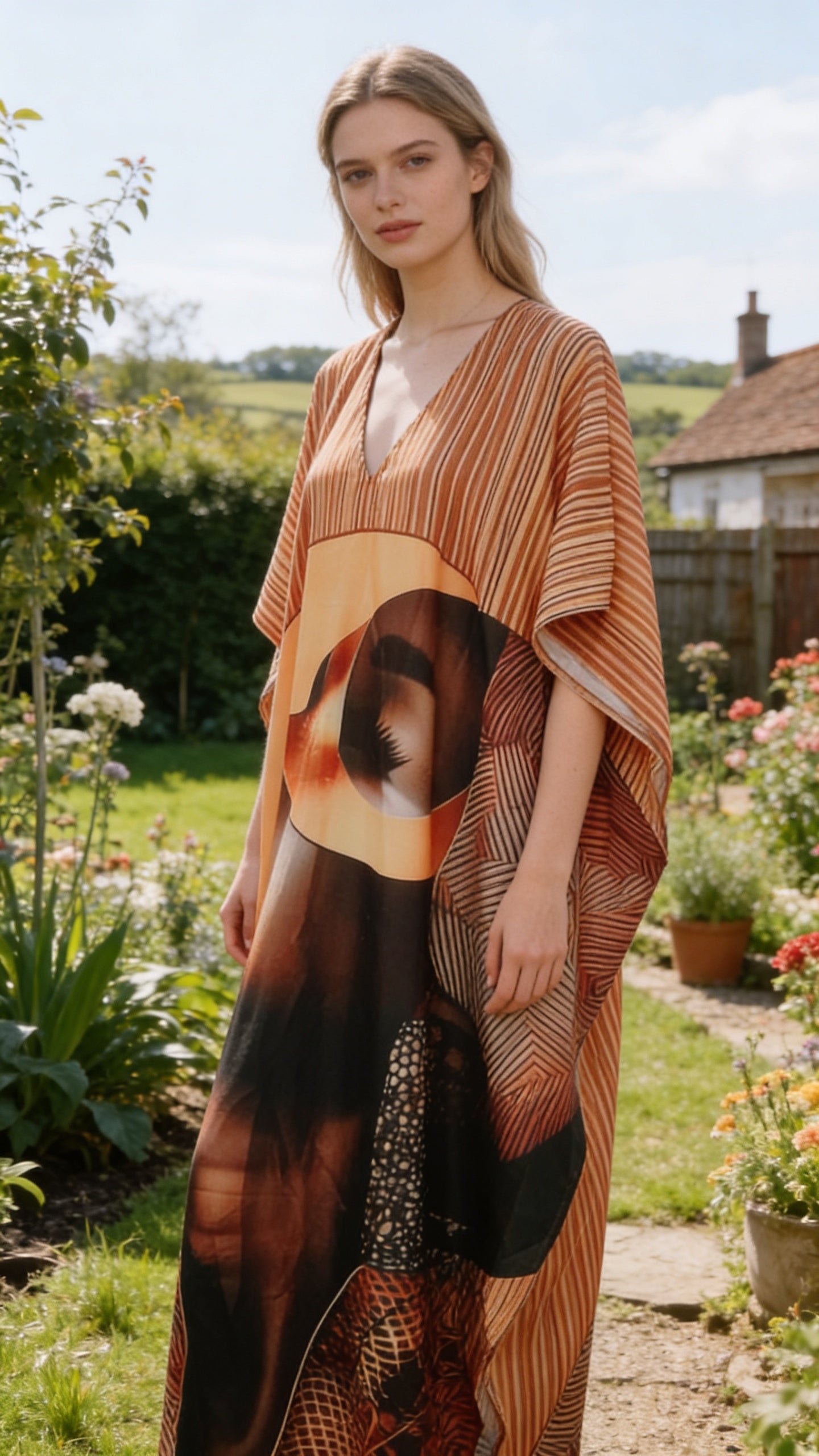 Warm Orange Lady Face Polyester Women Plus Size Kaftan Poolside Dress