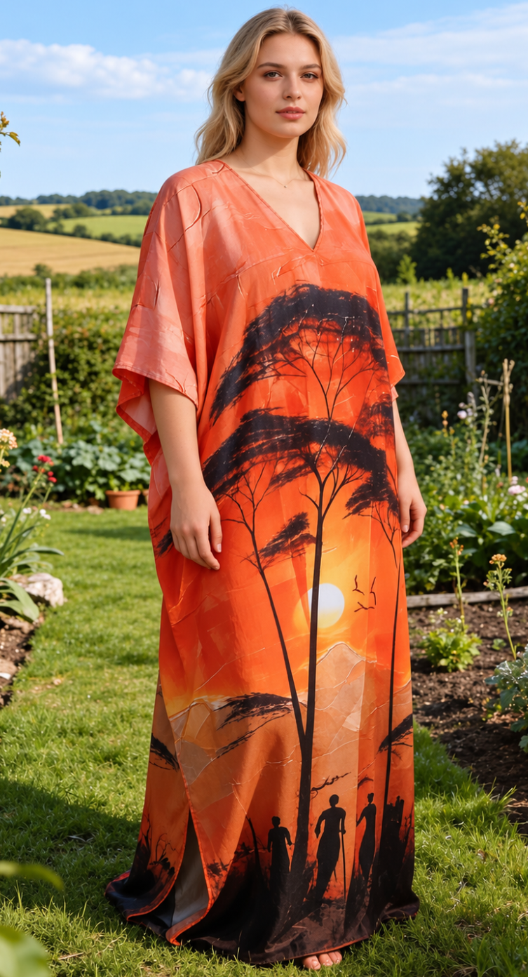 Orange African Sunset Polyester Plus Size Kaftan for Women 1X-3X | GypsieBlu