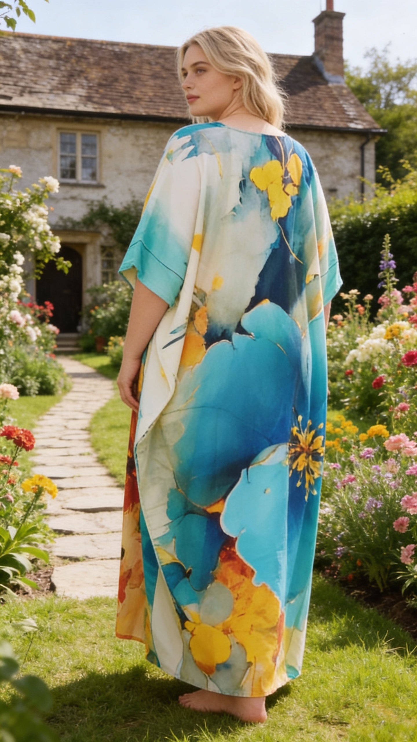 Royal Blue Floral Polyester Women Plus Size Kaftan Resort Dress
