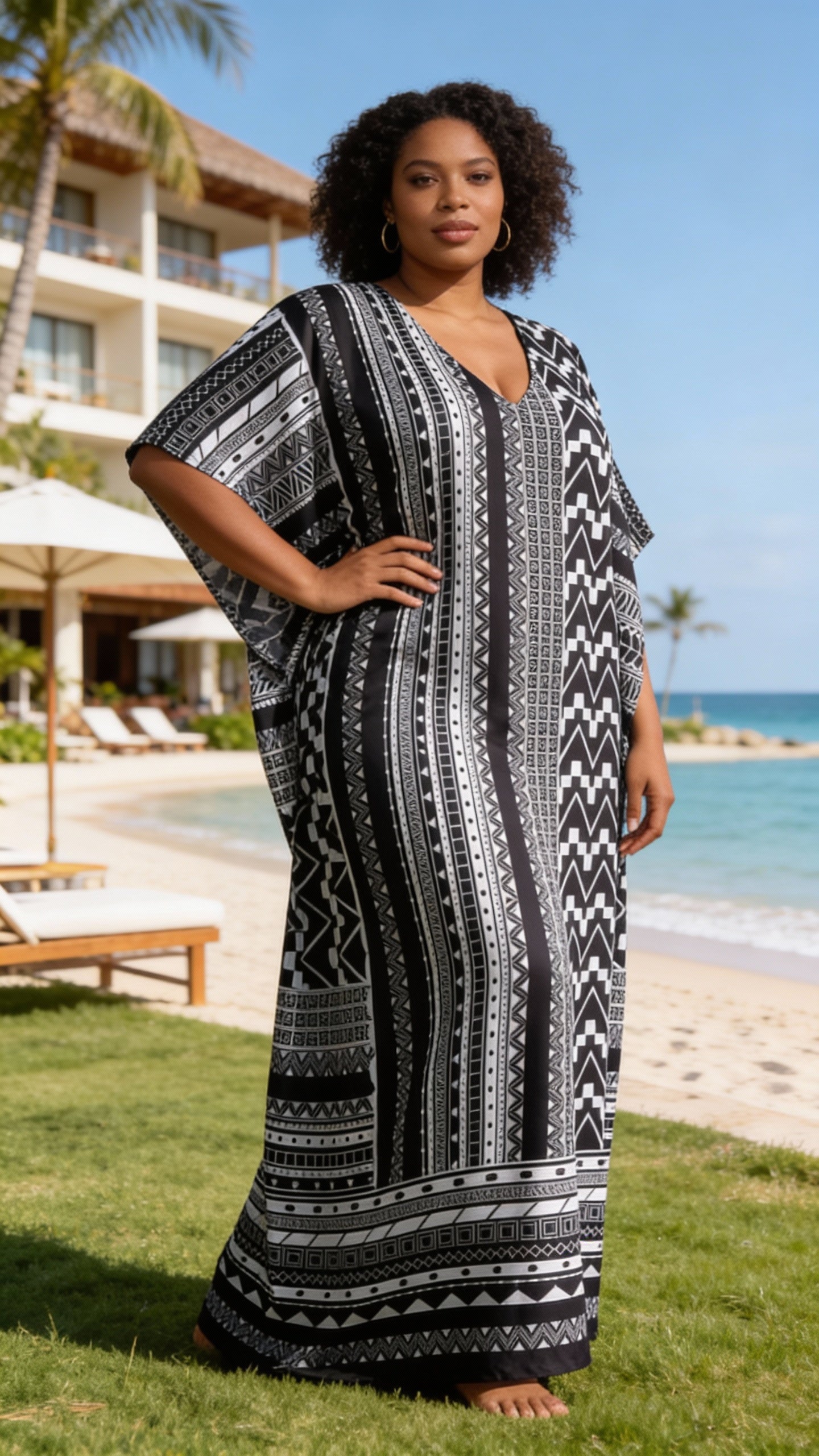 Black & White Geometric Polyester Women Plus Size Kaftan Casual Dress