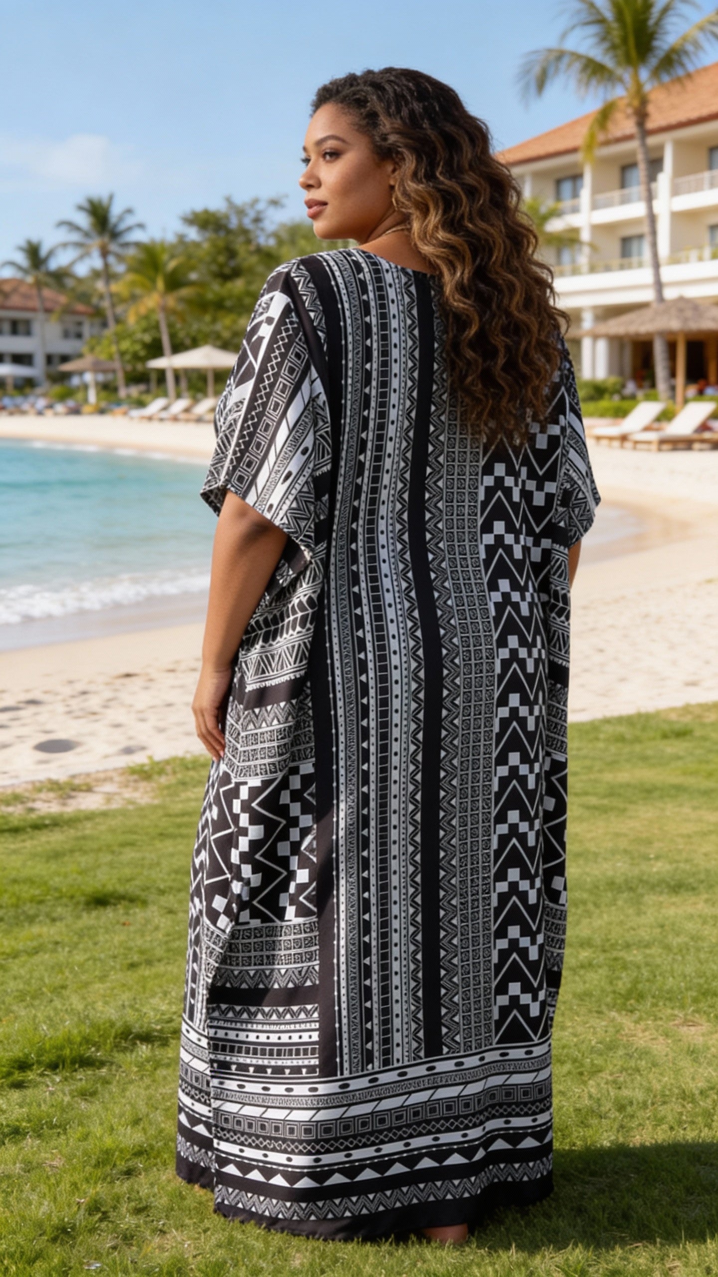 Black & White Geometric Polyester Women Plus Size Kaftan Casual Dress