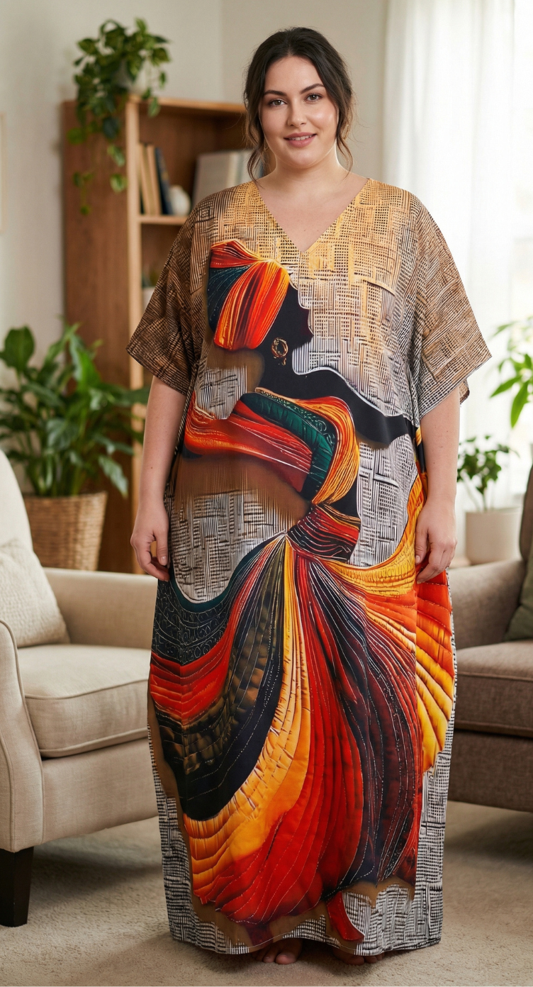 Beige Lady Polyester Women Plus Size Kaftan Comfort Dress