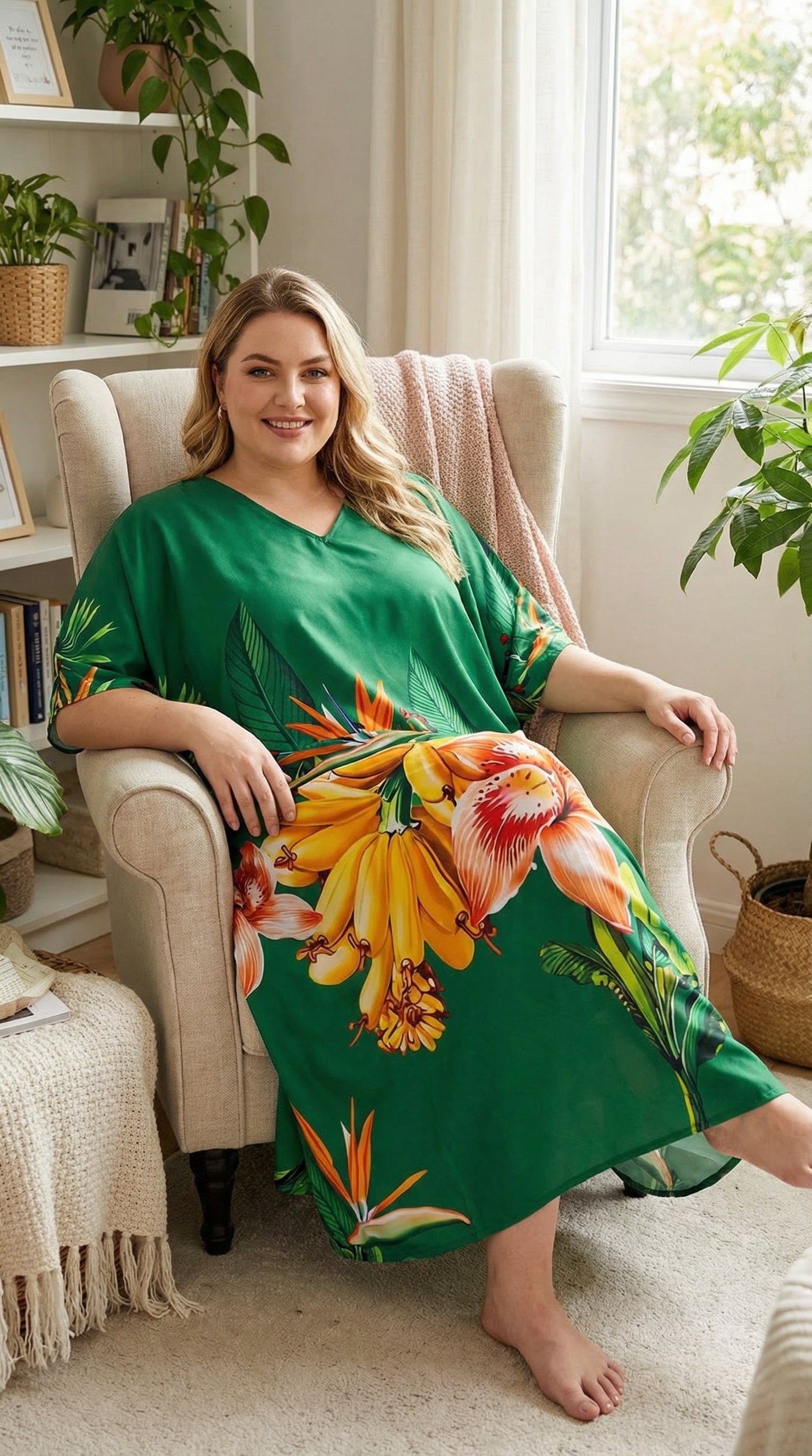 Green Floral Polyester Women Plus Size Kaftan Coverup Dress
