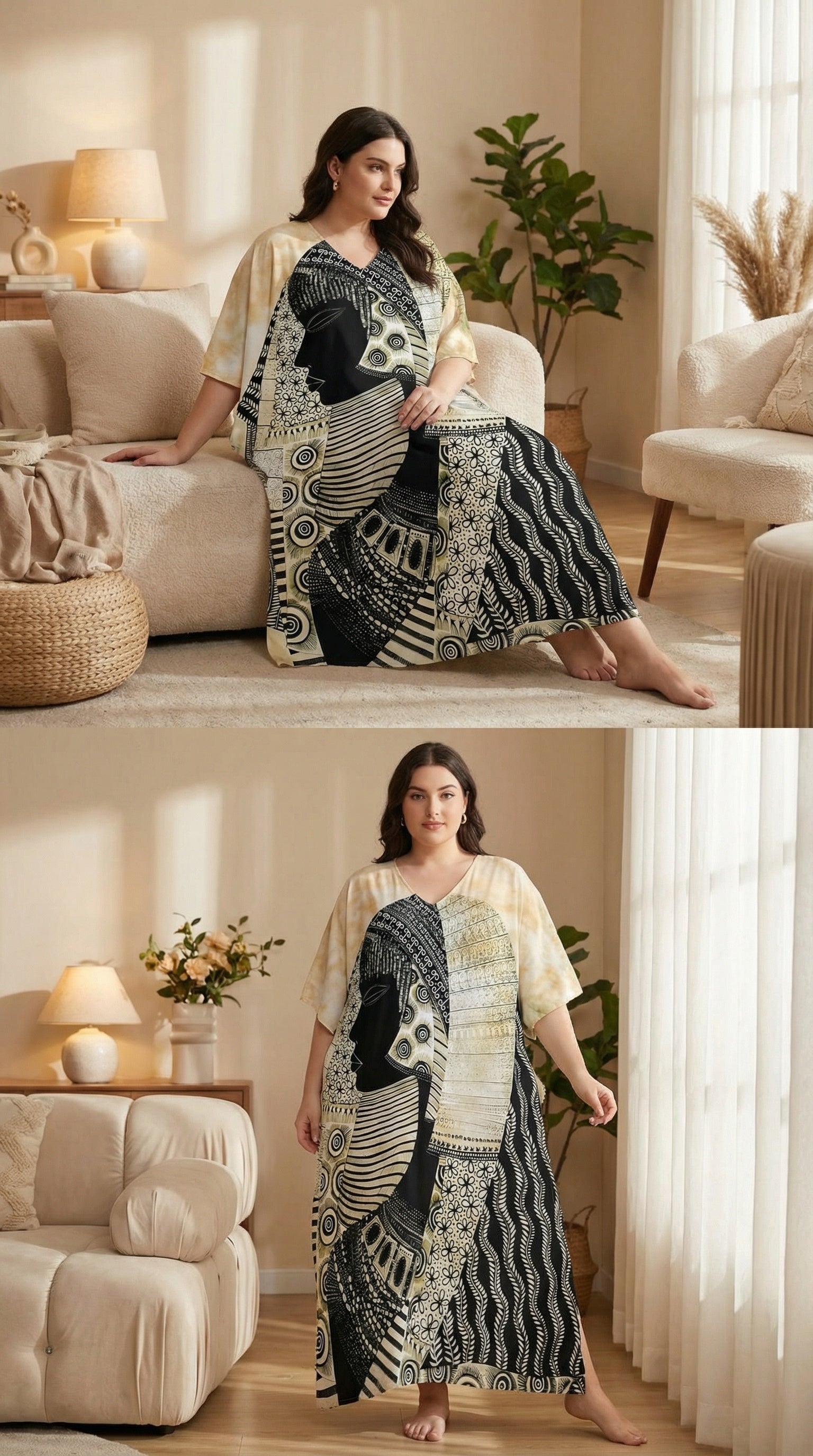 Cream Abstract Face Polyester Women Plus Size Kaftan Resortwear Dress