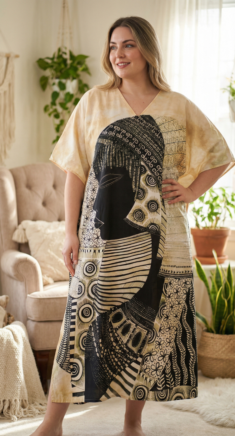 Cream Abstract Face Polyester Women Plus Size Kaftan Resortwear Dress