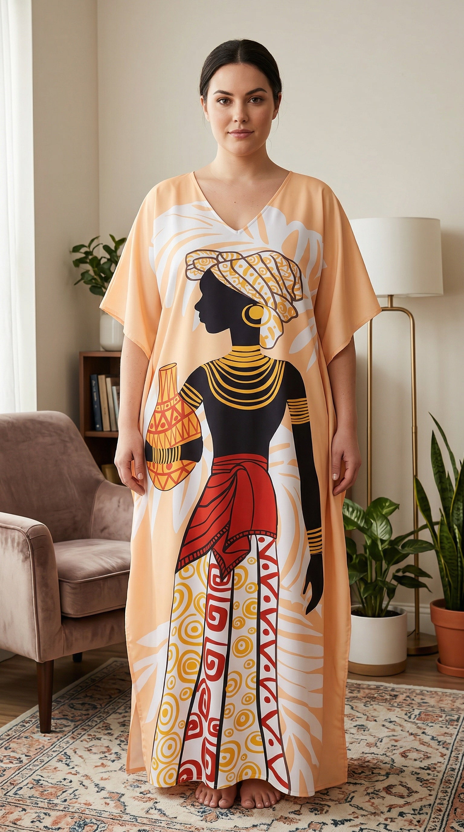 Peach African Polyester Women Plus Size Kaftan Cruisewear Dress