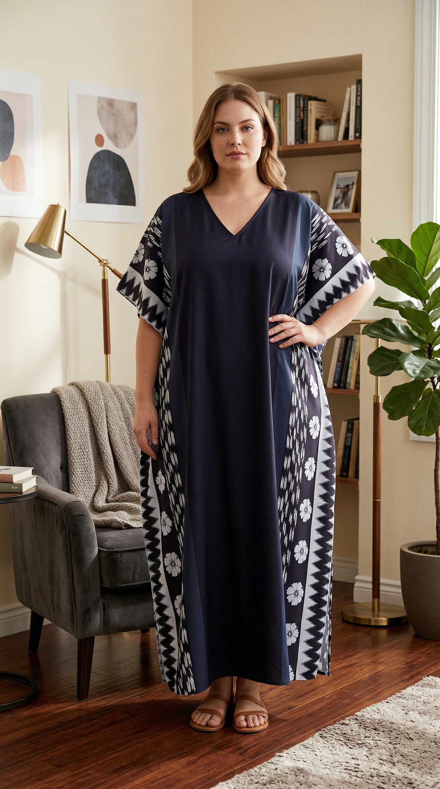 Navy Blue Geometric Polyester Women Plus Size Kaftan Summer Dress