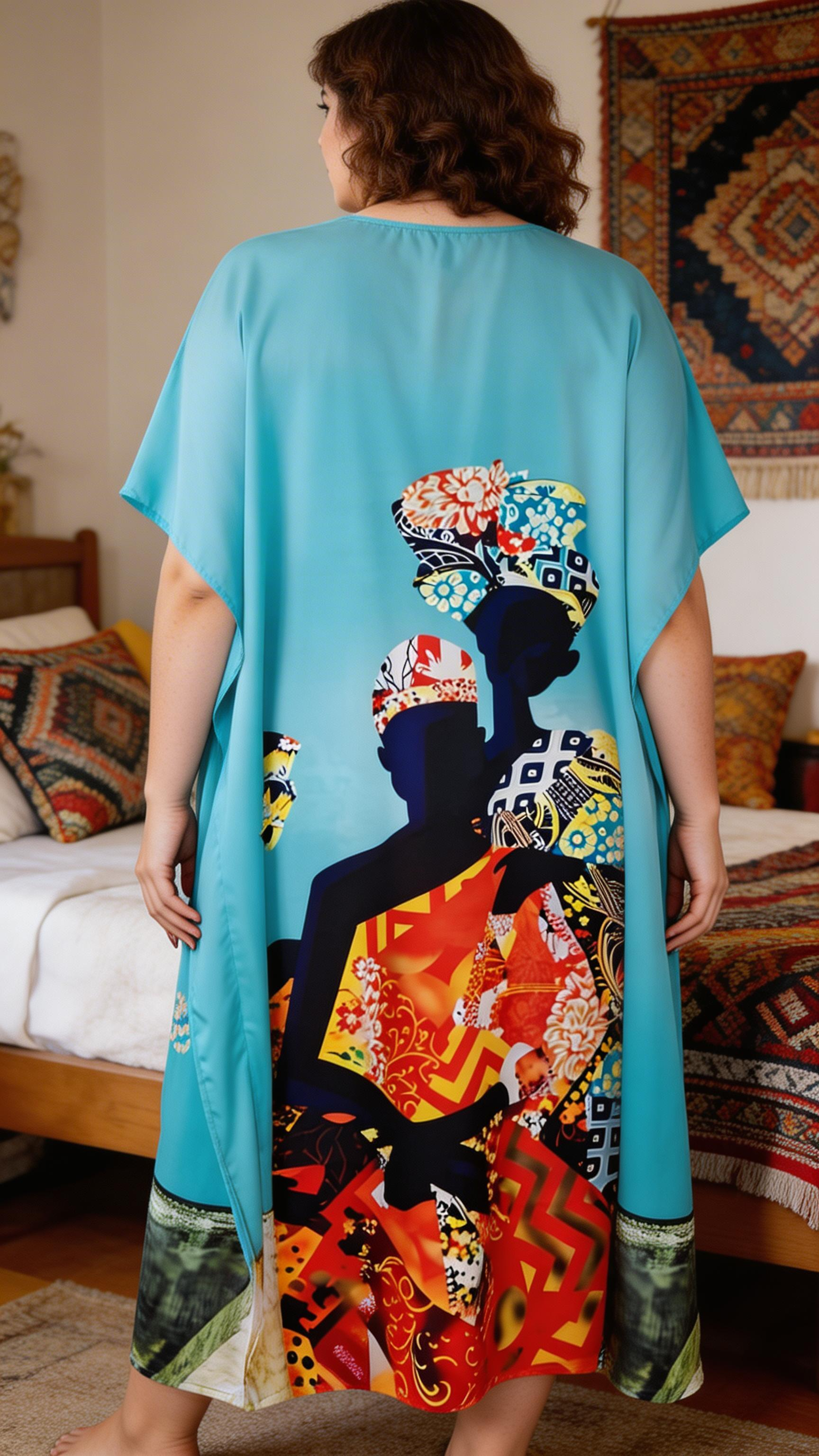 Turquoise Abstract Polyester Kaftan for Women Plus Size Lounge Dress