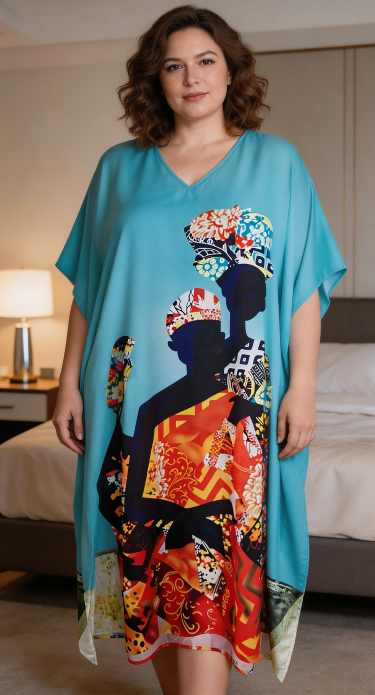 Turquoise Abstract Polyester Kaftan for Women Plus Size Lounge Dress