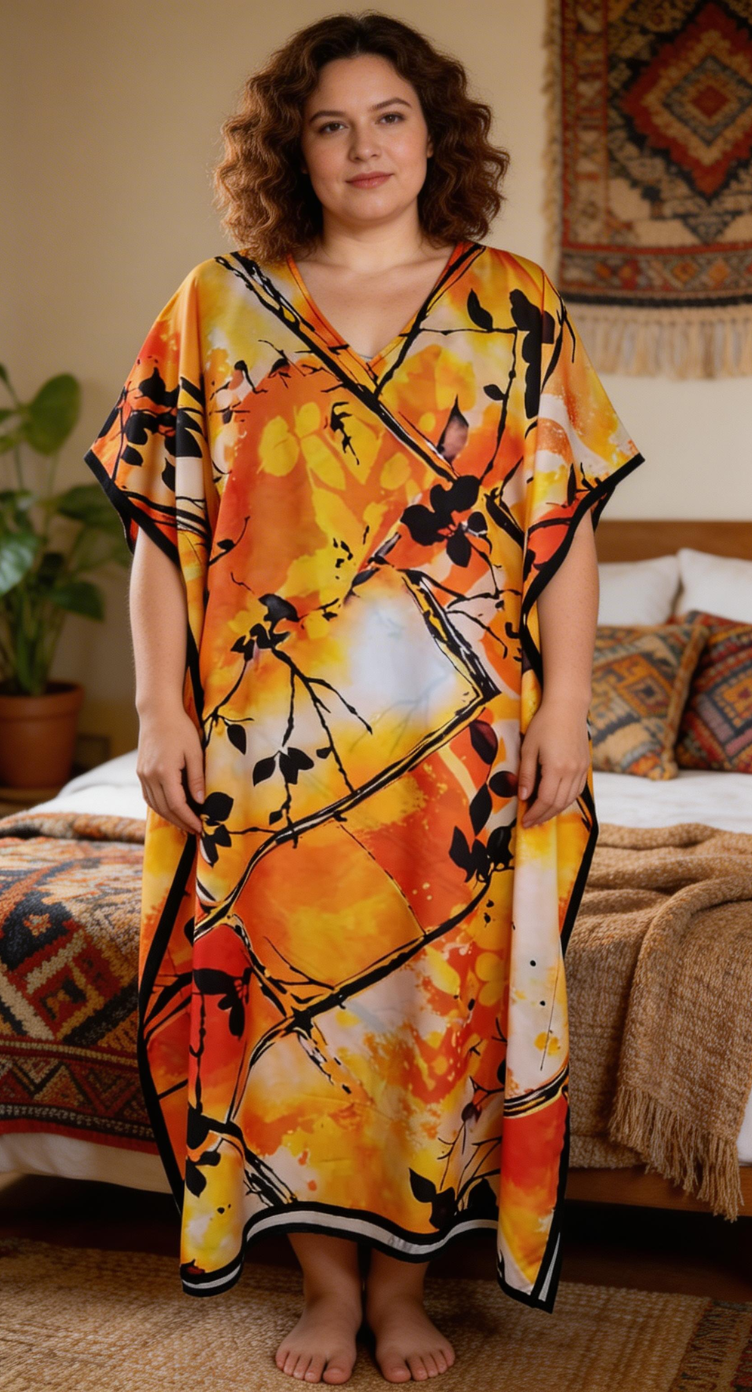Orange Leaf Polyester Kaftan for Women Plus Size Vacation Dress