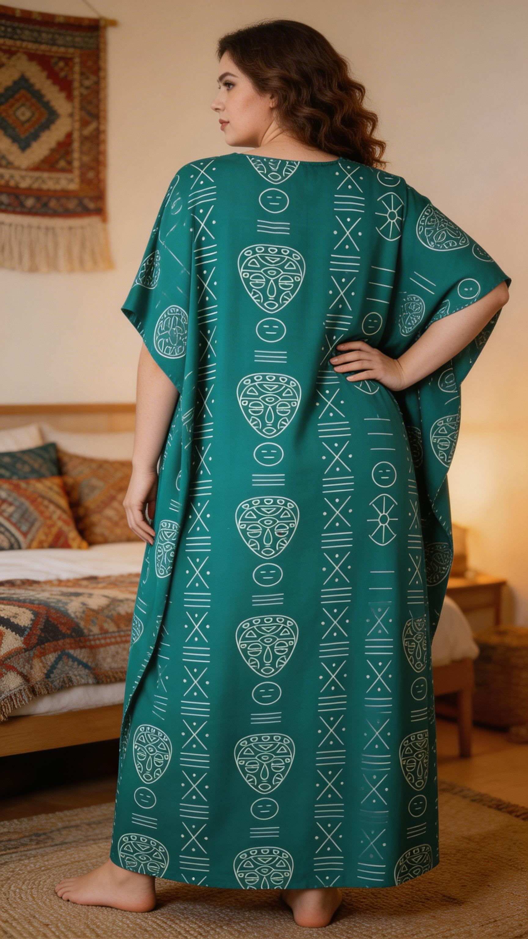 Green Tribal Polyester Kaftan for Women Plus Size Resort Dress