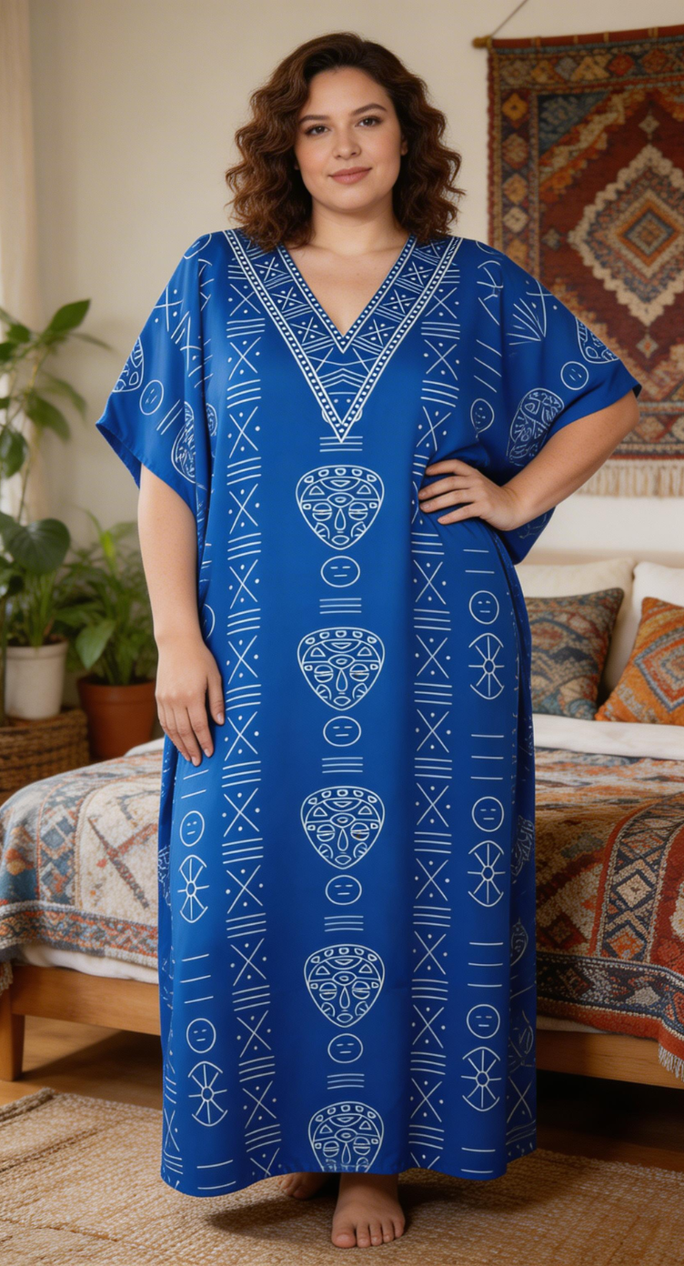Royal Blue Tribal Polyester Kaftan for Women Plus Size Beach Dress