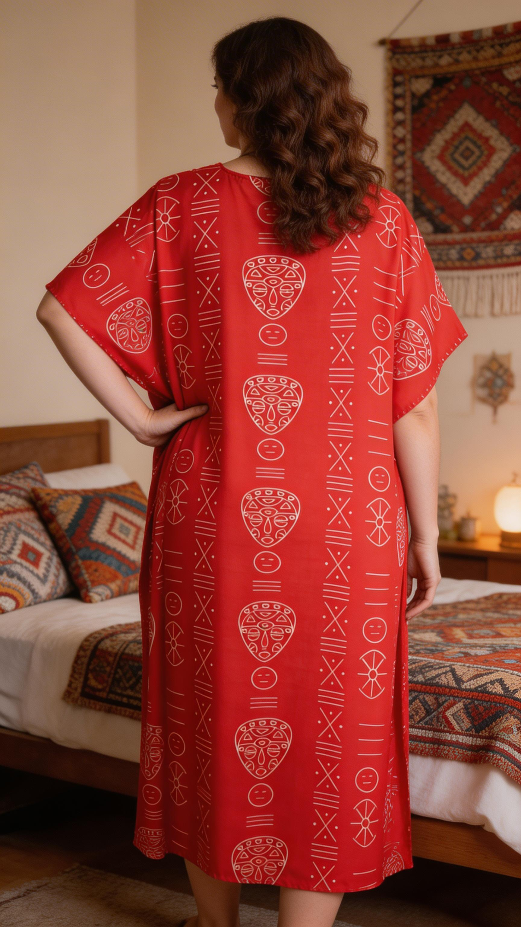 Red Tribal Polyester Kaftan for Women Plus Size Beach Party Dress