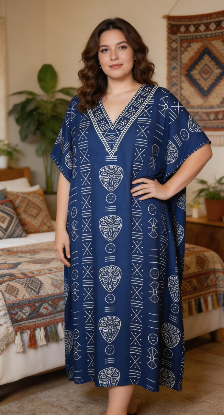 Navy Blue Tribal Polyester Kaftan for Women Plus Size Resort Dress